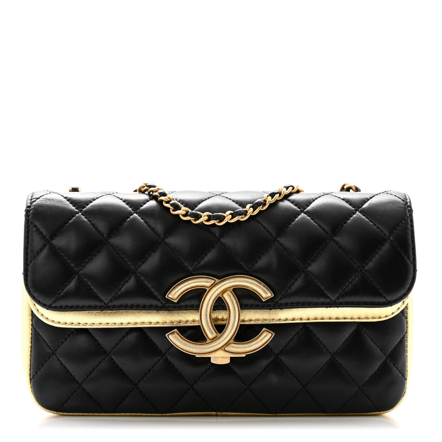 Chanel Lambskin Metallic Quilted Small CC Chic Double Flap Black Gold 1 of 12