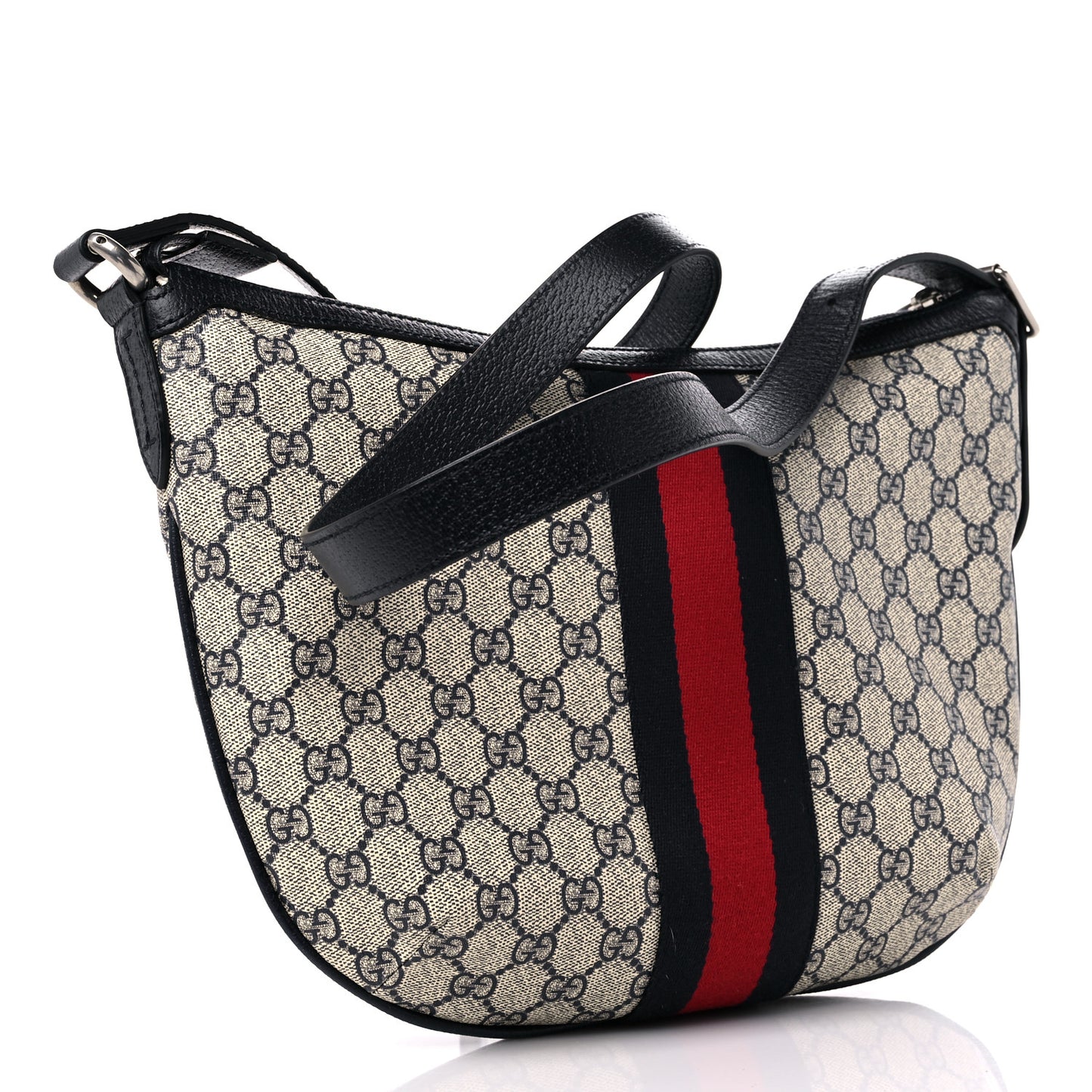 GG Supreme Monogram Textured Dollar Calfskin Web Small Ophidia Half Moon Hobo Beige Blue