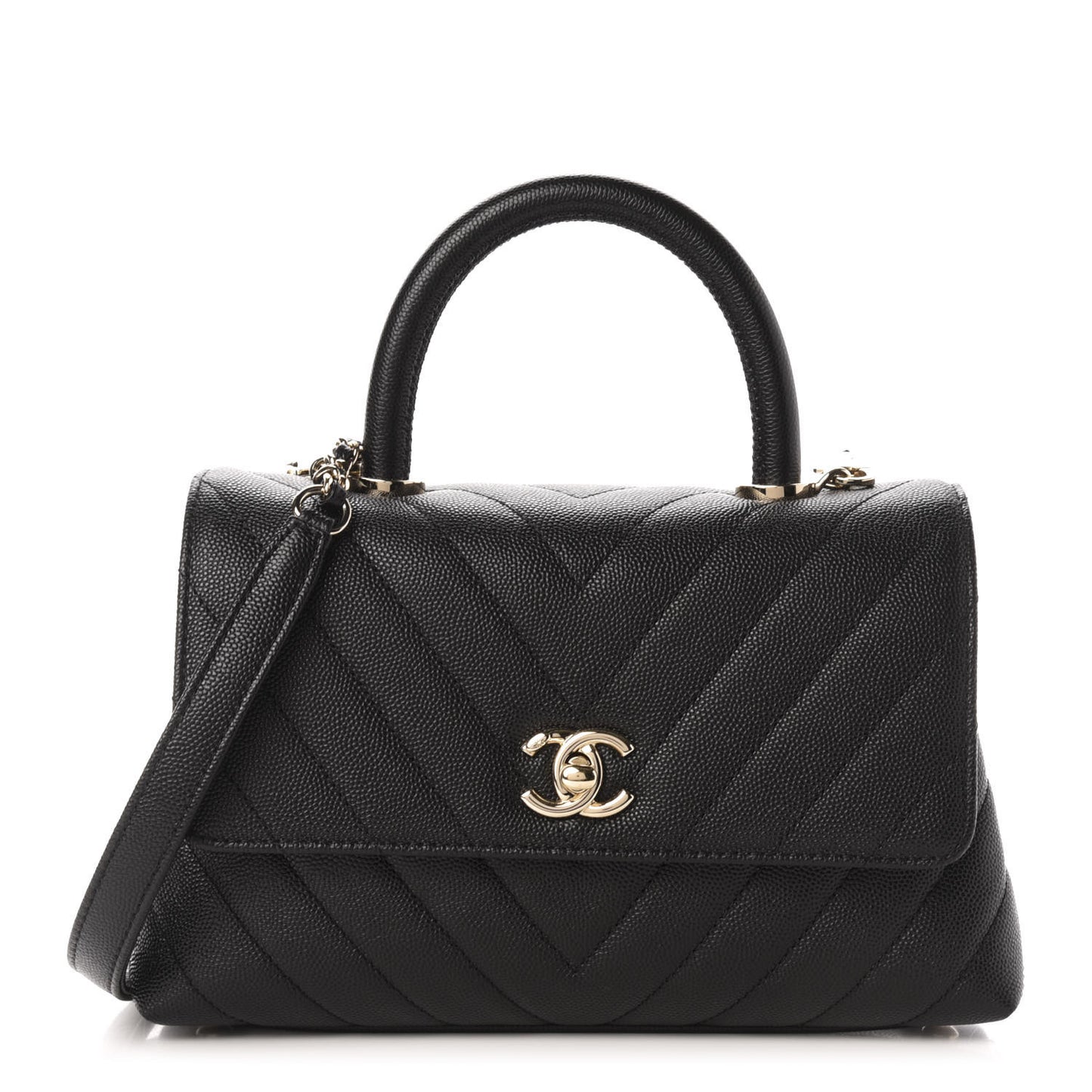 Caviar Chevron Quilted Mini Coco Handle Flap Black