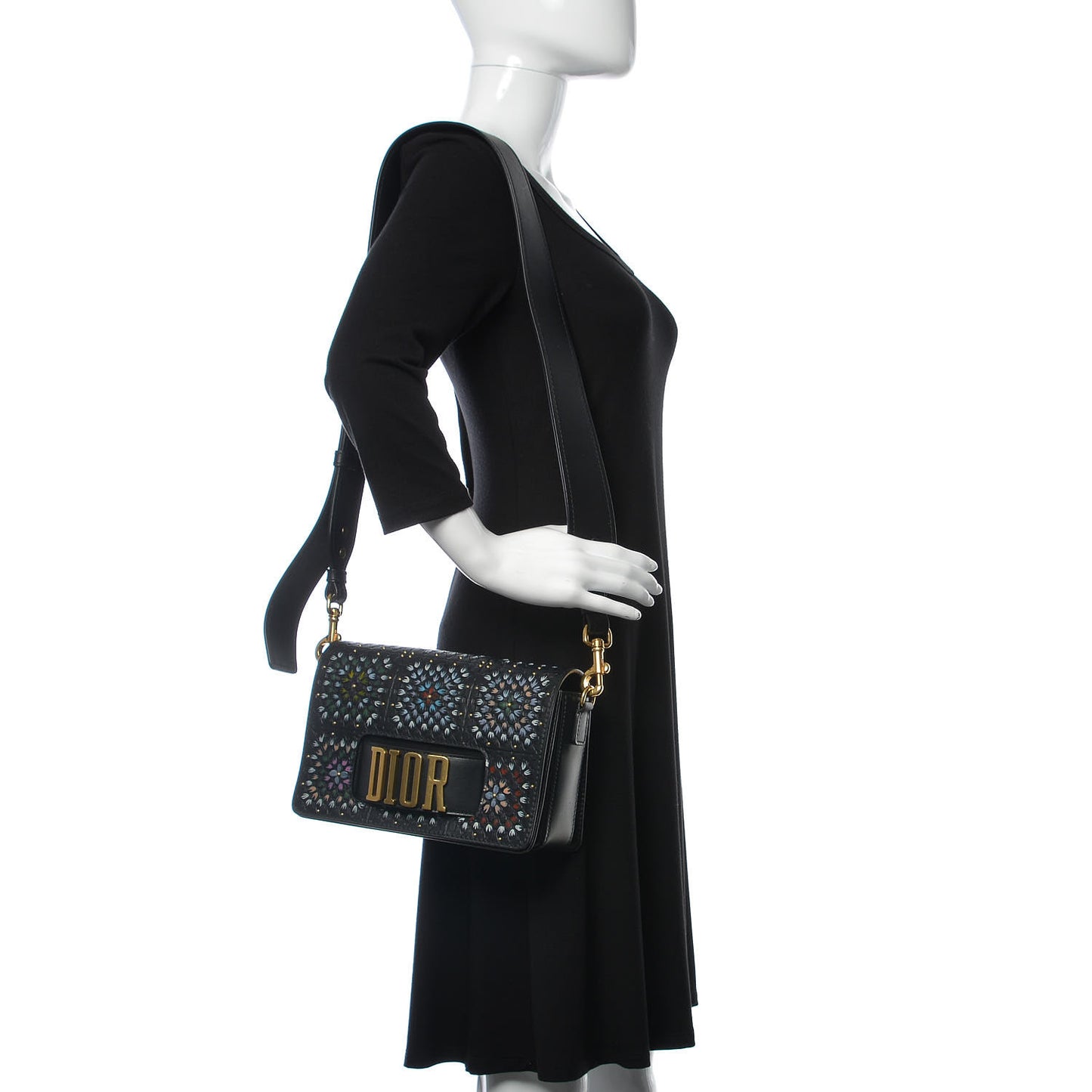 Calfskin Studded Floral Dio(r)evolution Flap Bag Black