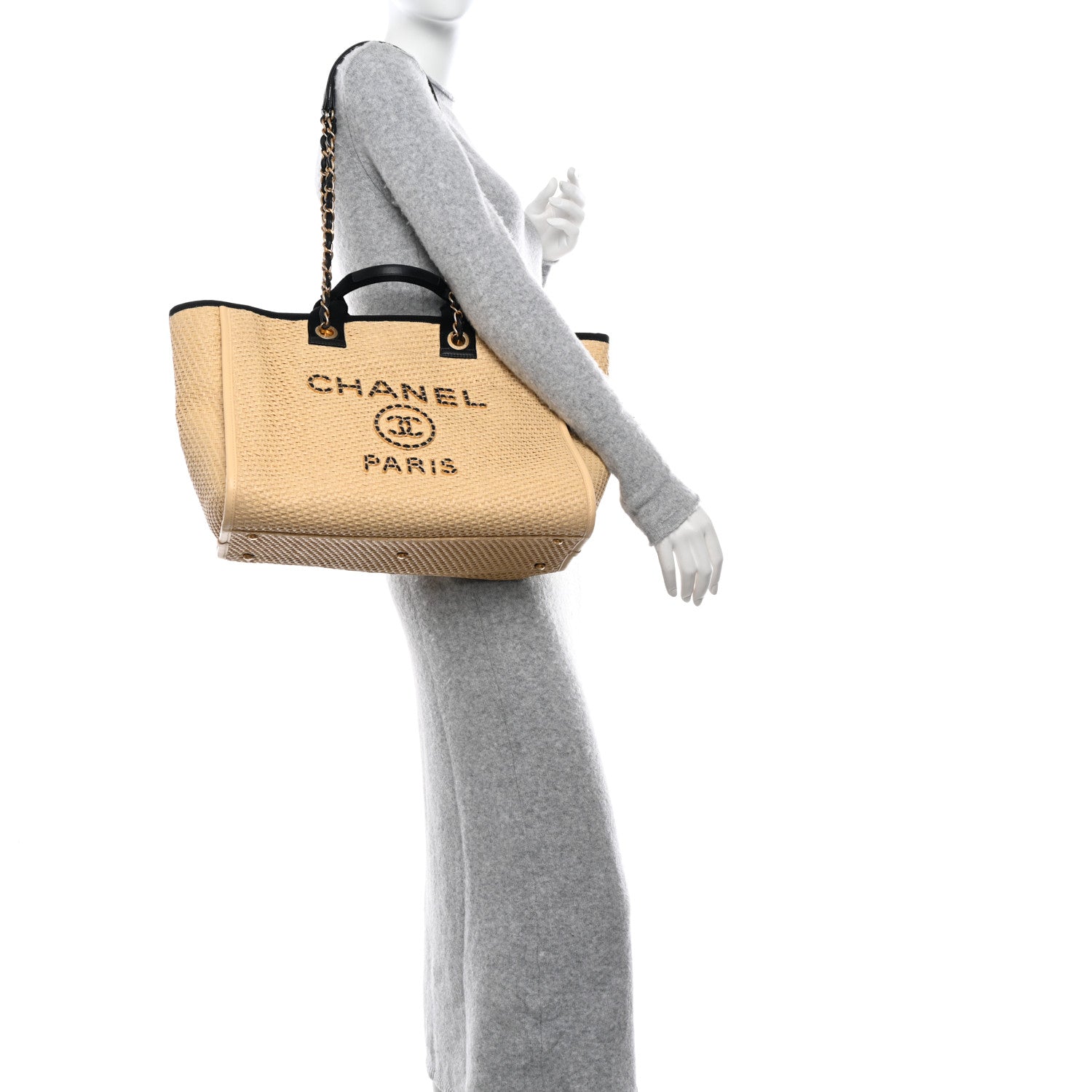 Chanel Straw Raffia Calfskin Chain Medium Deauville Tote Beige Black 3 of 13