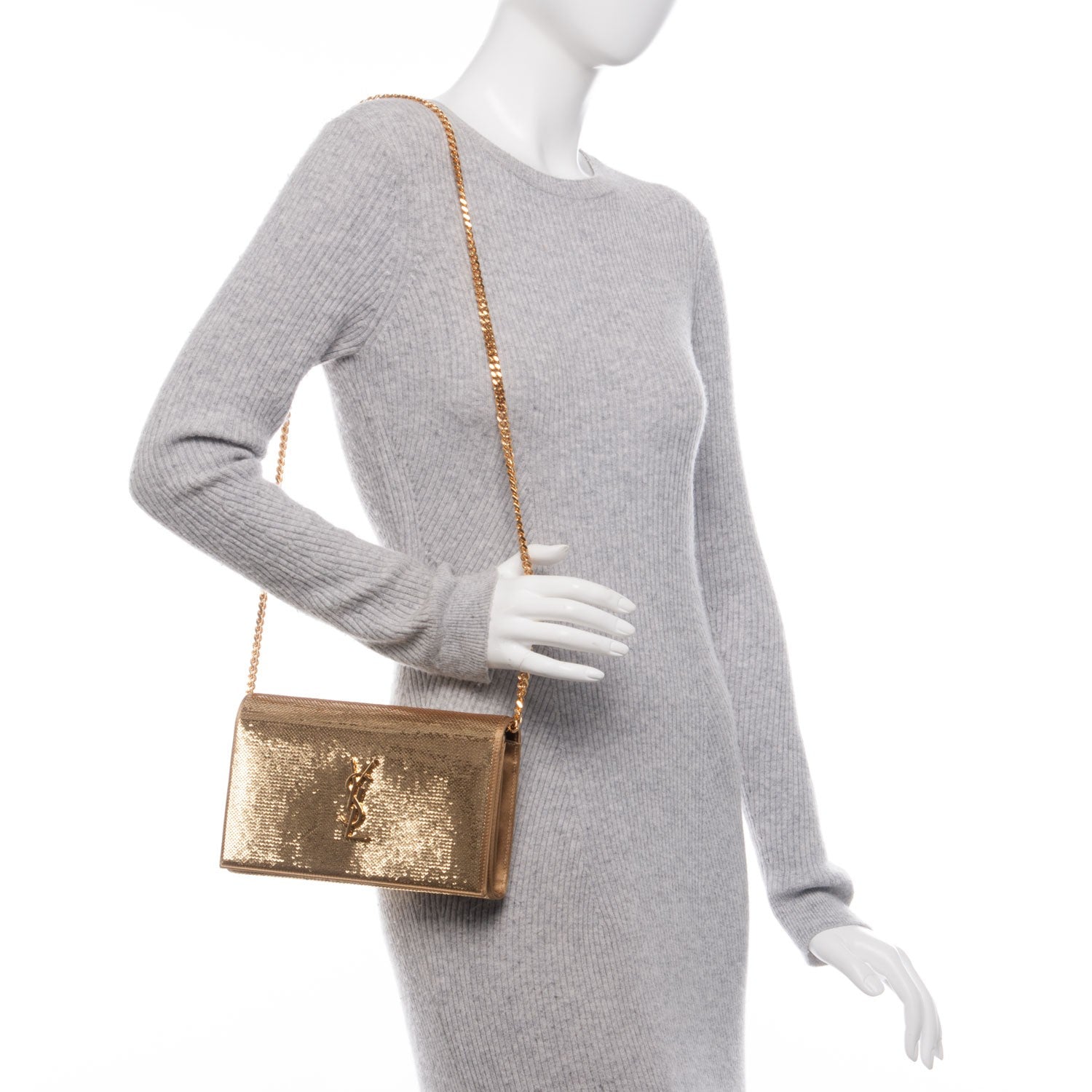 Saint Laurent Sequin Monogram Chain Wallet Gold 3 of 7