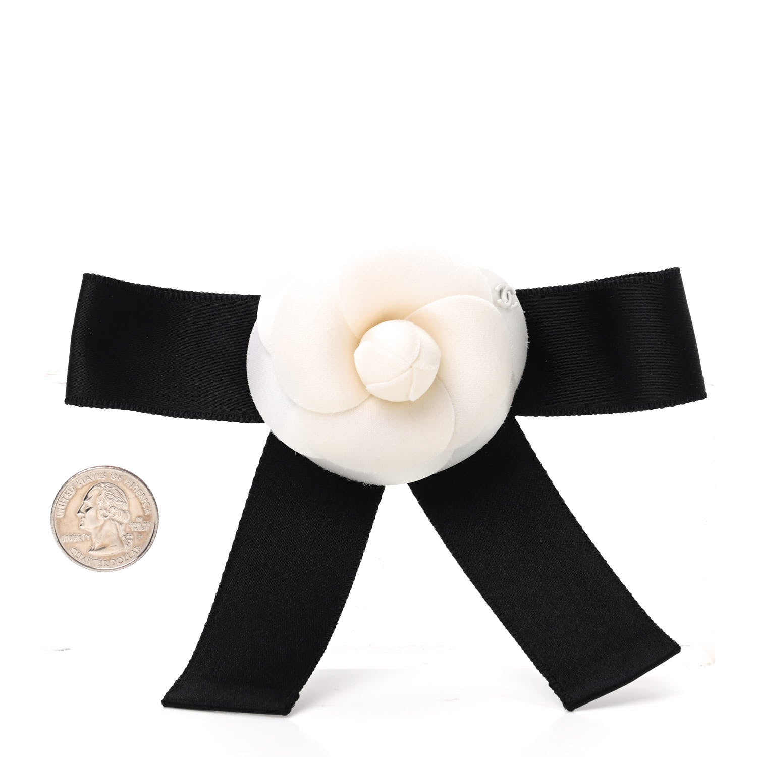 Chanel Satin Camellia CC Hair Clip Barrette White Black 2 of 5