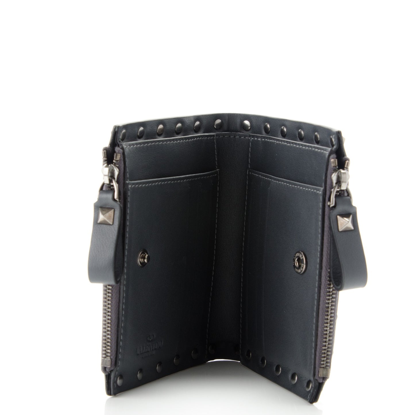 Calfskin Rockstud Card Holder with Zipper Dark Grey