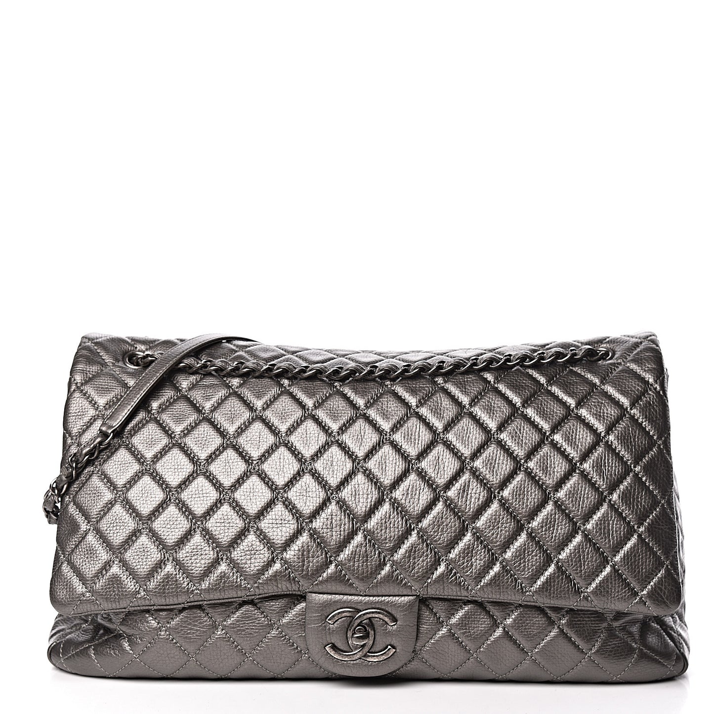 Metallic Calfskin Quilted XXL Travel Flap Bag Dark Silver