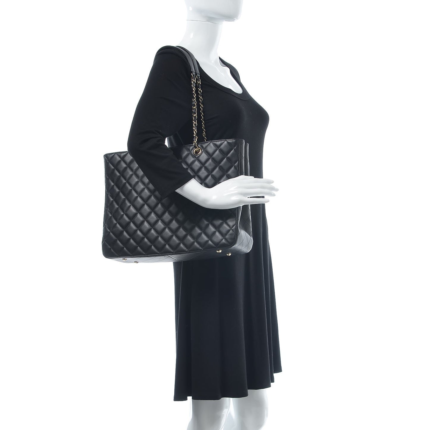 Calfskin Quilted Large CC Shopping Tote Black
