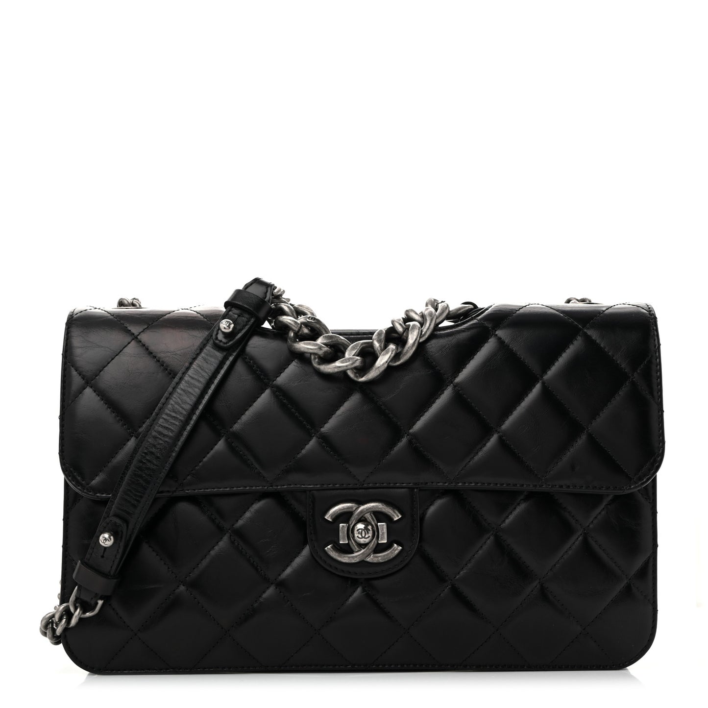 Glazed Calfskin Quilted Large Perfect Edge Flap Black