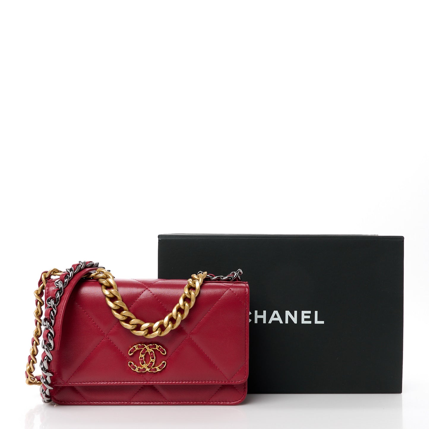 Shiny Goatskin Quilted Chanel 19 Wallet On Chain WOC Rouge