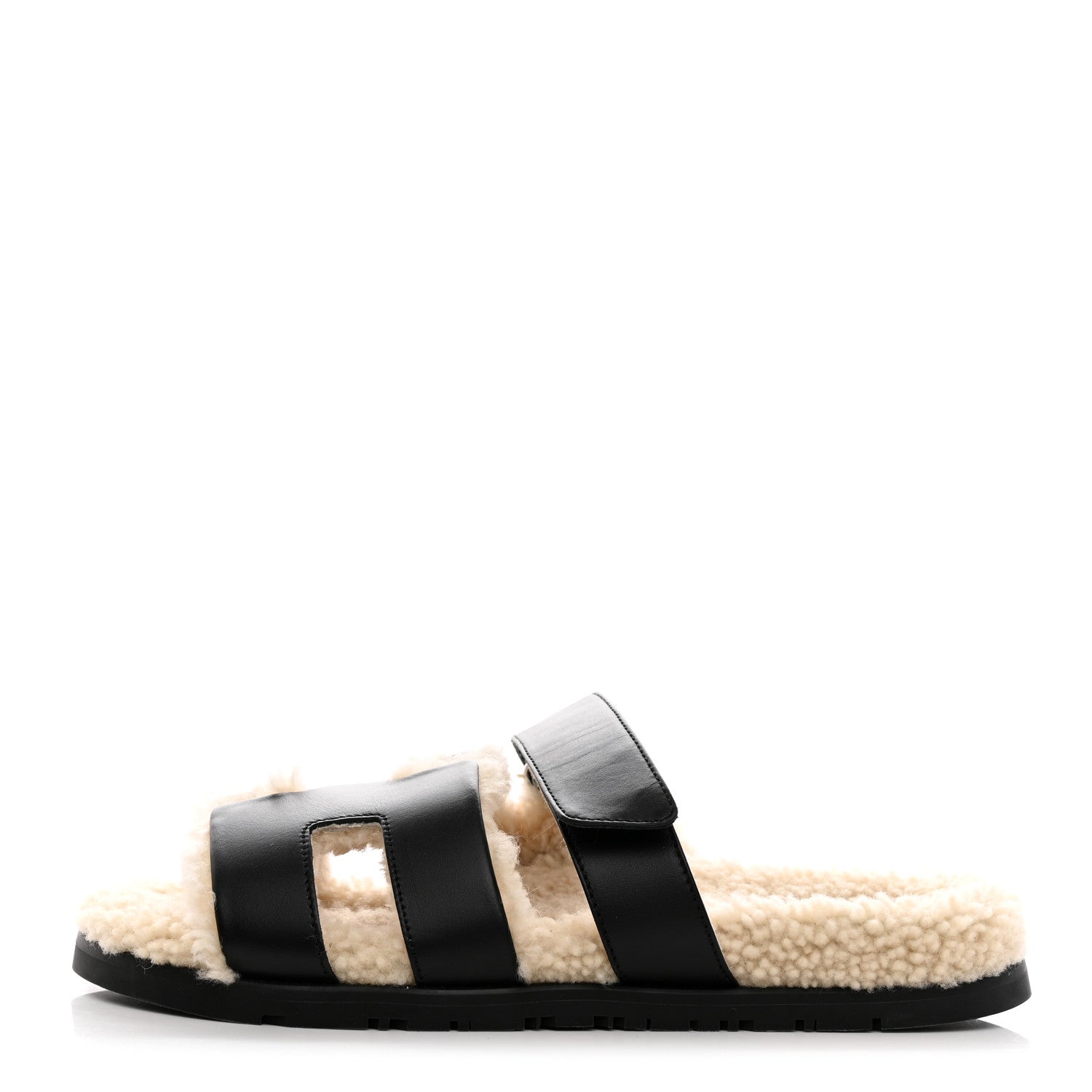 Hermes Calfskin Woolskin Womens Chypre Sandals 39 Black Ecru 1 of 10