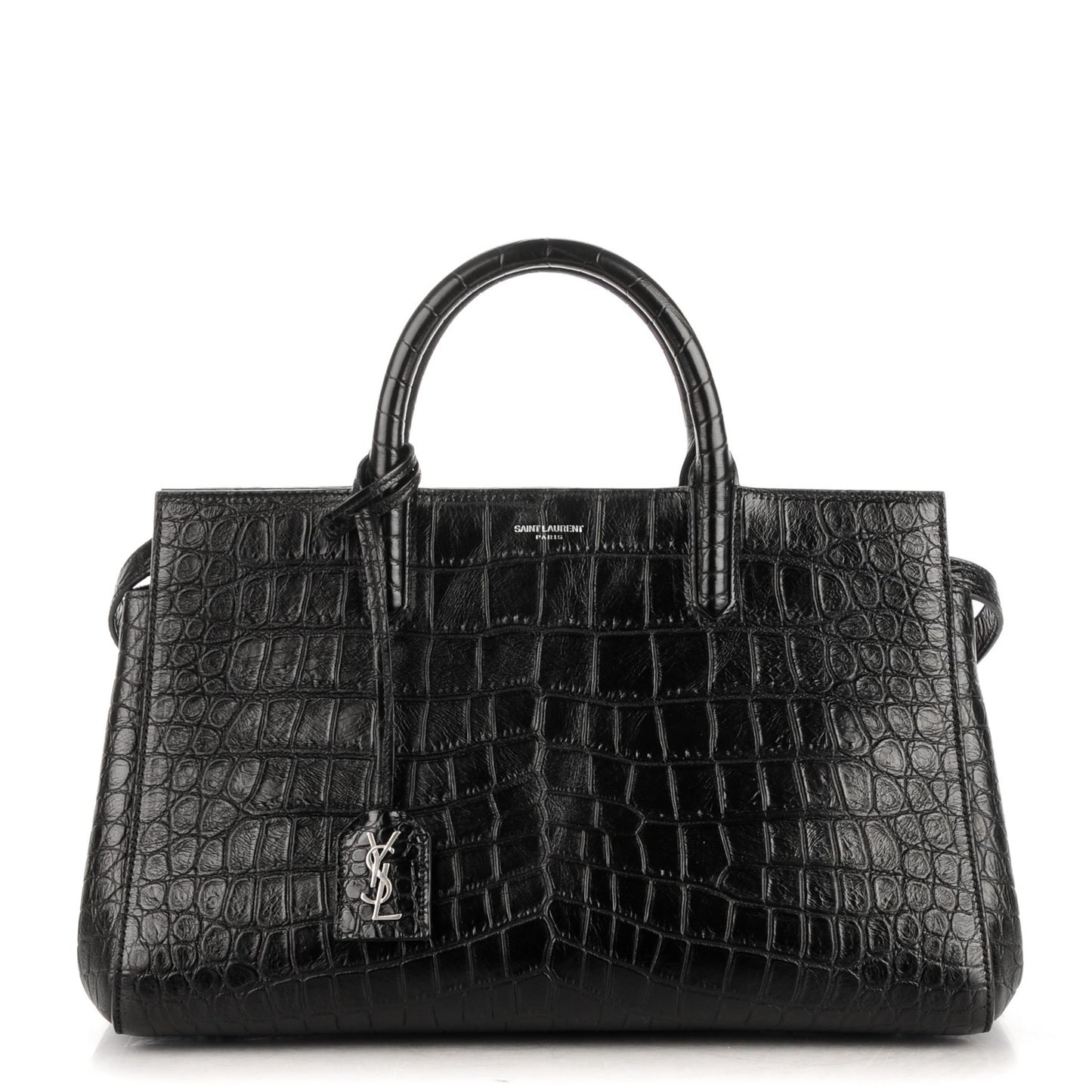 Calfskin Crocodile Embossed Small Cabas Rive Gauche Black