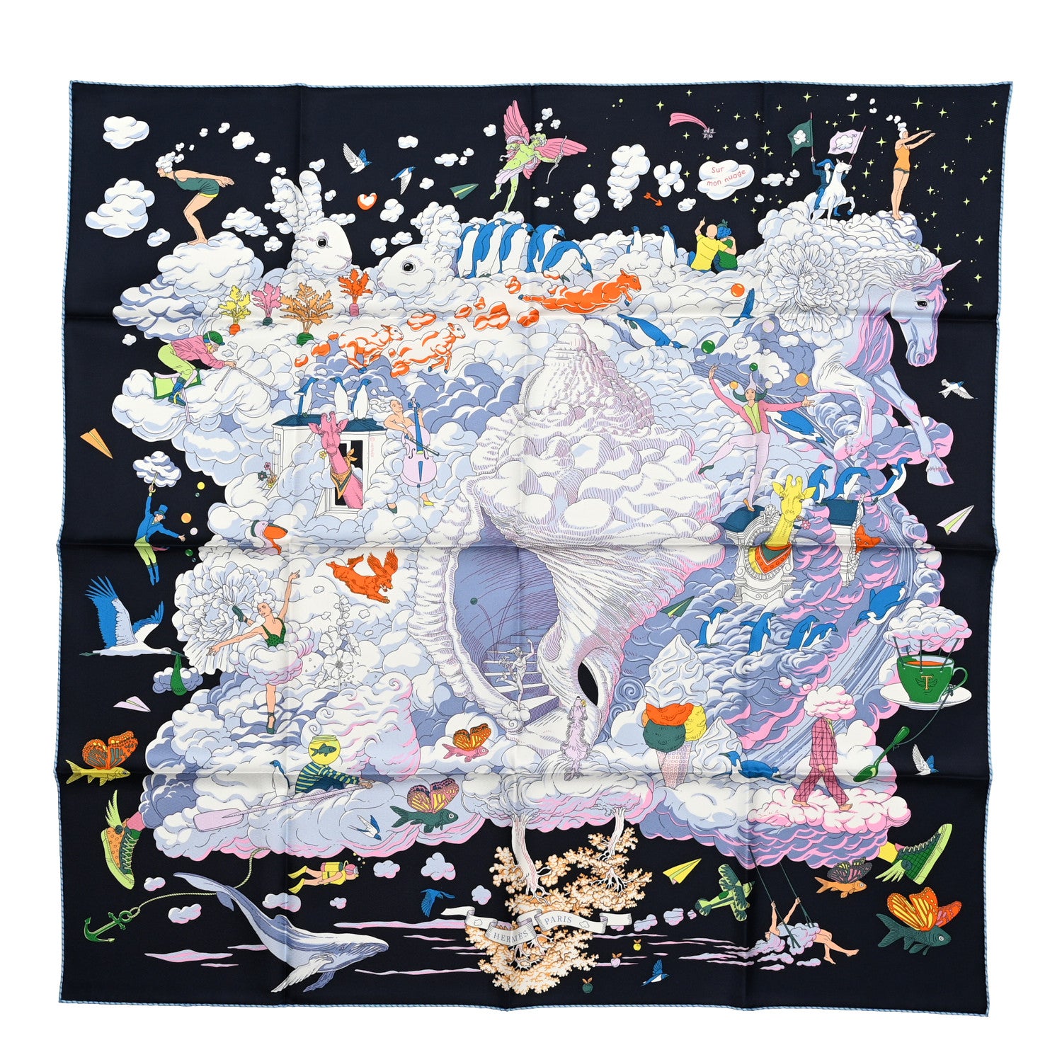 Hermes Silk Sur Mon Nuage Scarf 90 Bleu Black Mauve Multicolor 1 of 6