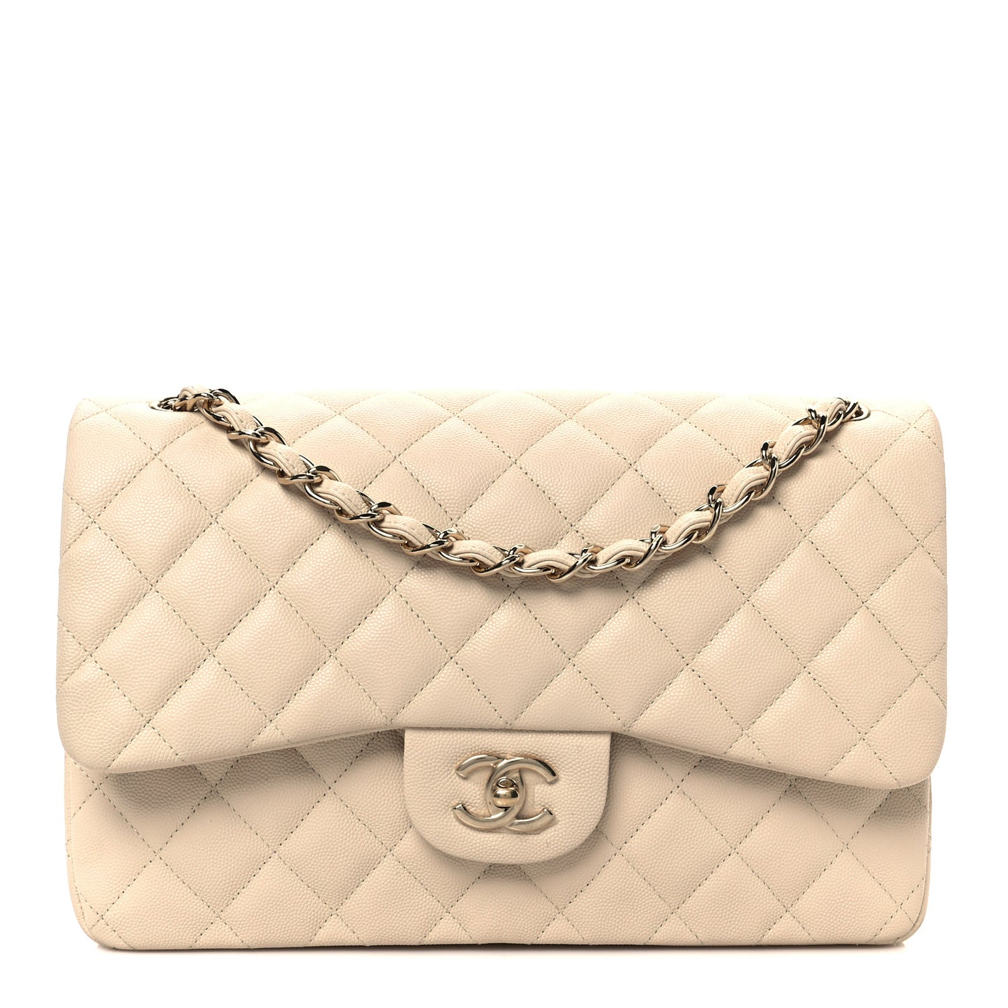 Caviar Quilted Jumbo Double Flap Light Beige