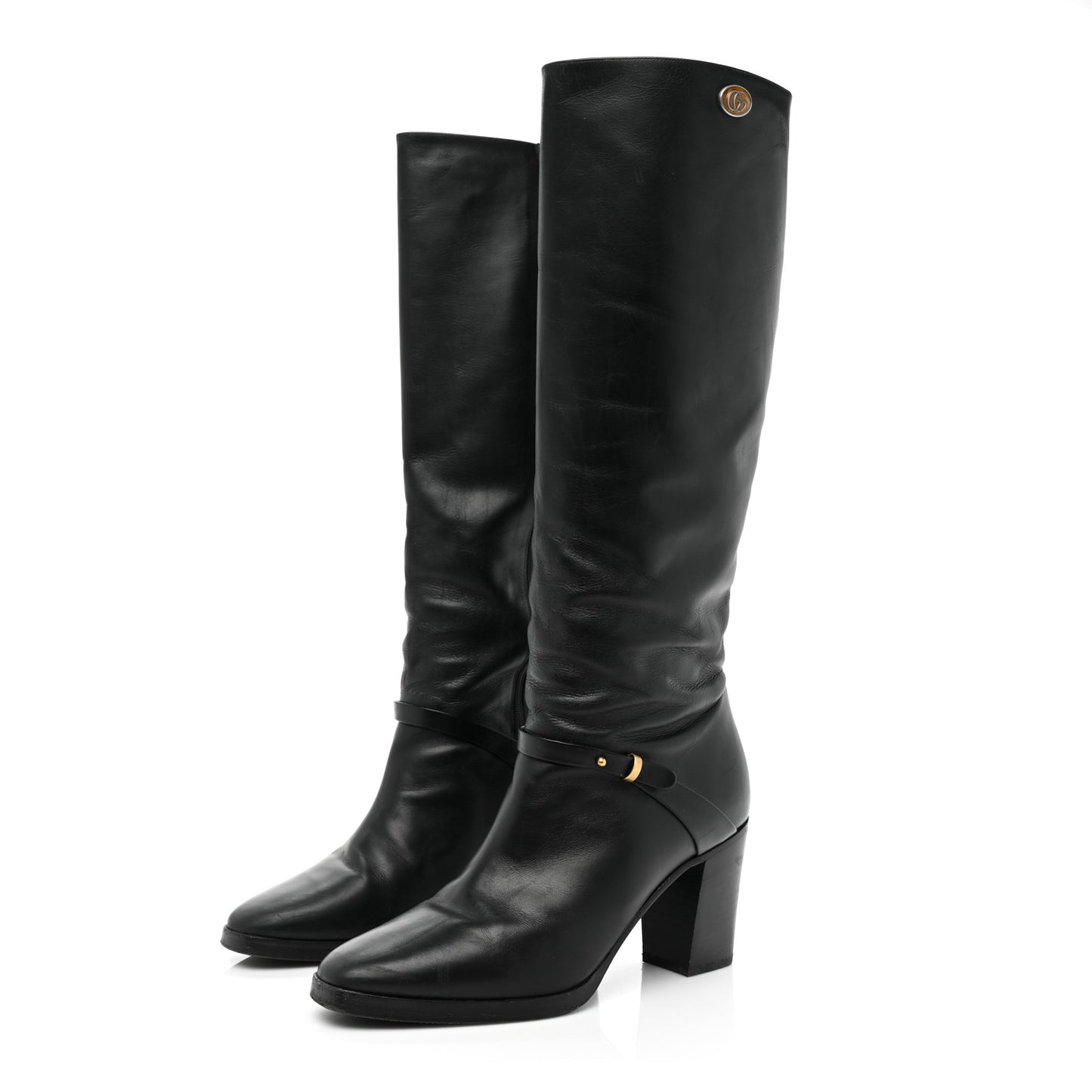 Calfskin Double G Knee High Boots 39 Black