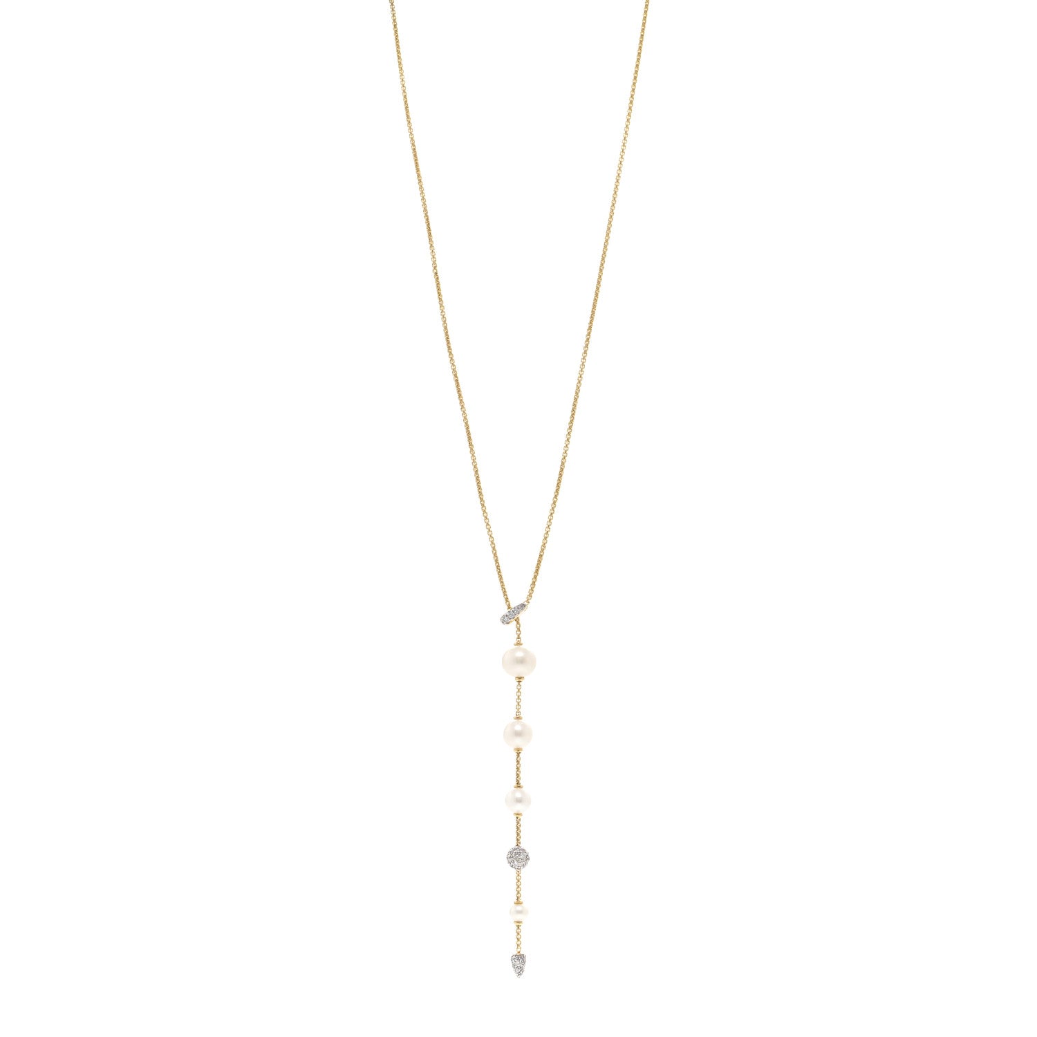David Yurman 18K Yellow Gold Diamond Freshwater Cultured Pearl Pave Y Necklace 1 of 4