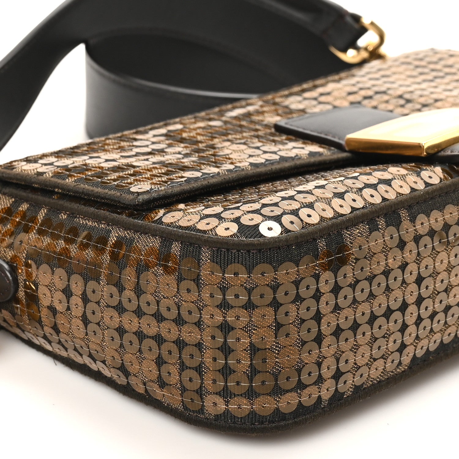 Fendi Fabric Jacquard Paillettes Vitello Seta FF 1974 Baguette Testa di Moro Real Ebano 9 of 10