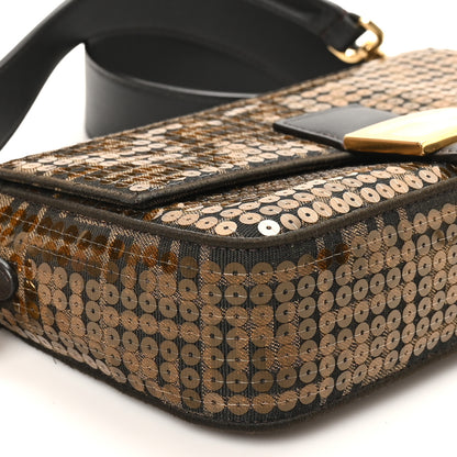 Fendi Fabric Jacquard Paillettes Vitello Seta FF 1974 Baguette Testa di Moro Real Ebano 9 of 10