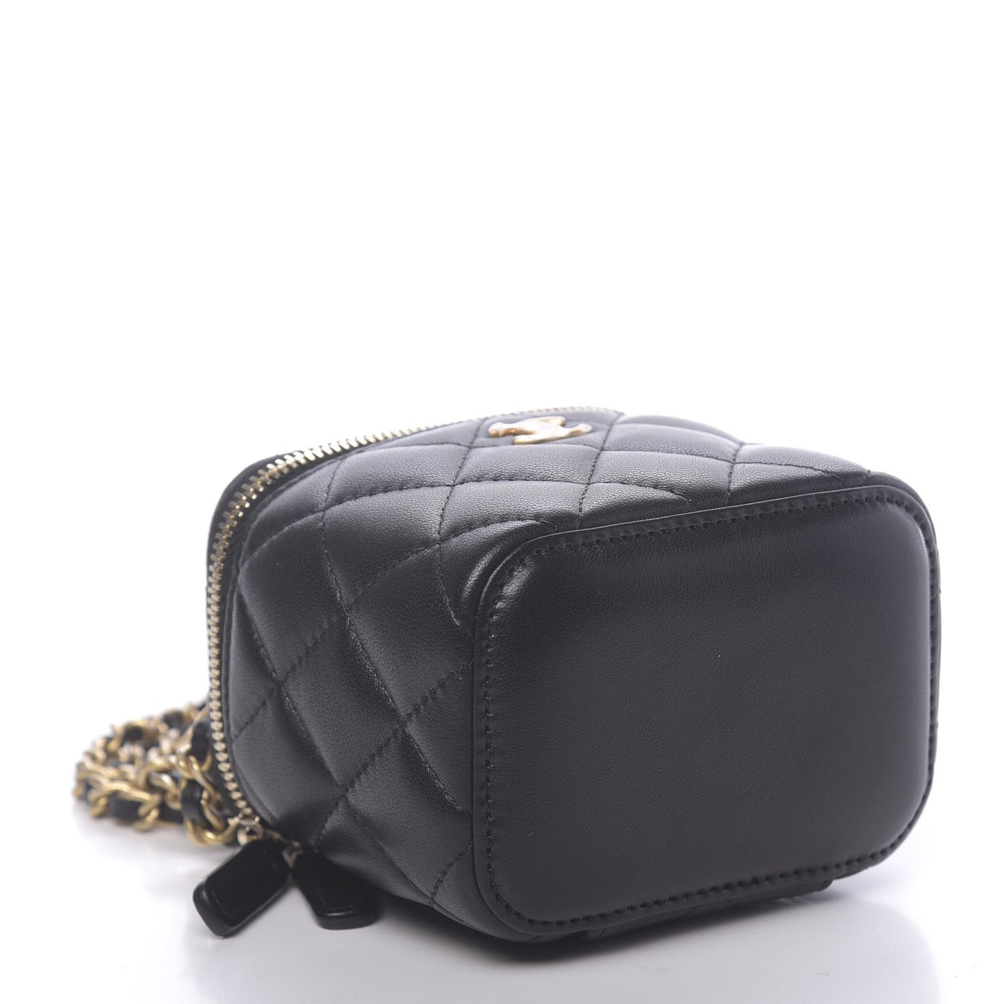 Lambskin Quilted Mini Pearl Crush Vanity Case With Chain Black