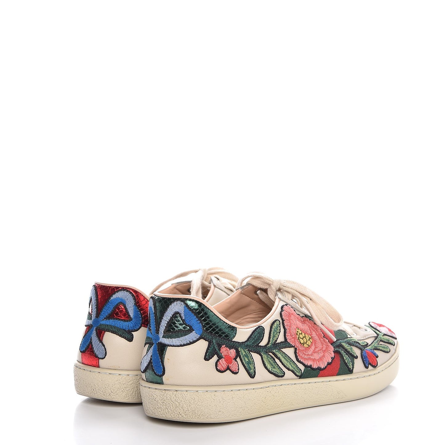 Calfskin Web Floral Embroidered Mens Ace Sneakers 9 Off White