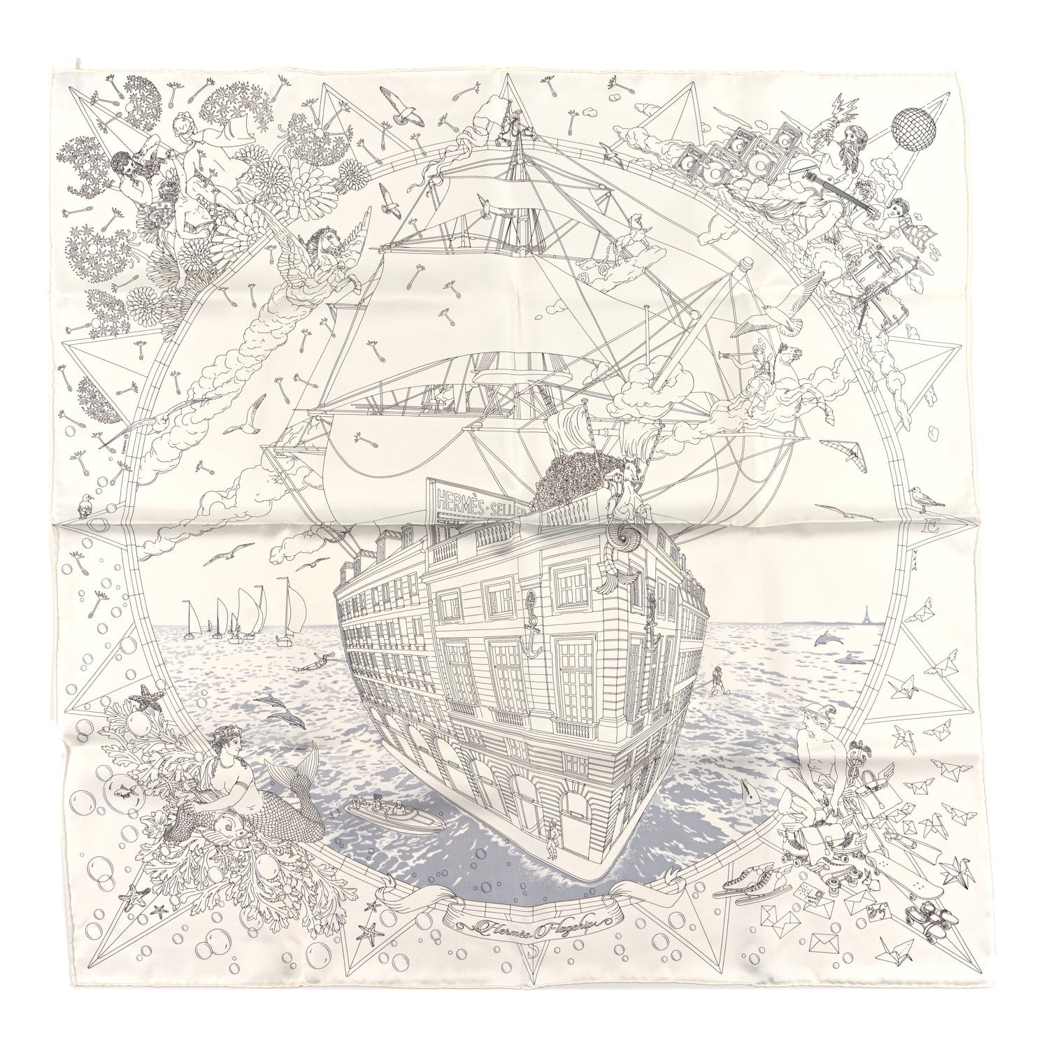 Hermes Silk Flagship Scarf 90 White Black Gris 1 of 3