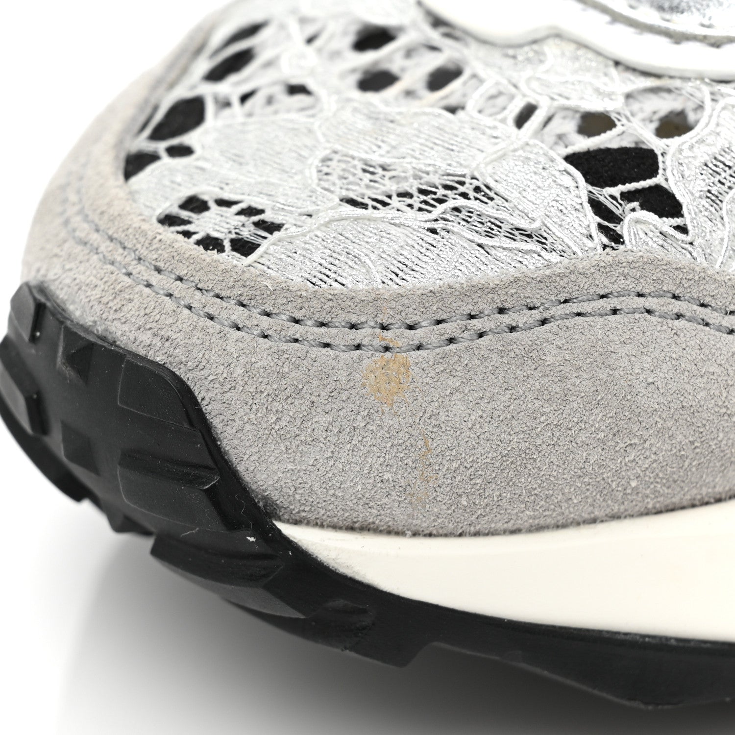 Valentino Garavani Metallic Calfskin Lace Mesh Lacerunner Sneaker 37.5 Silver Pastel Gray 10 of 15