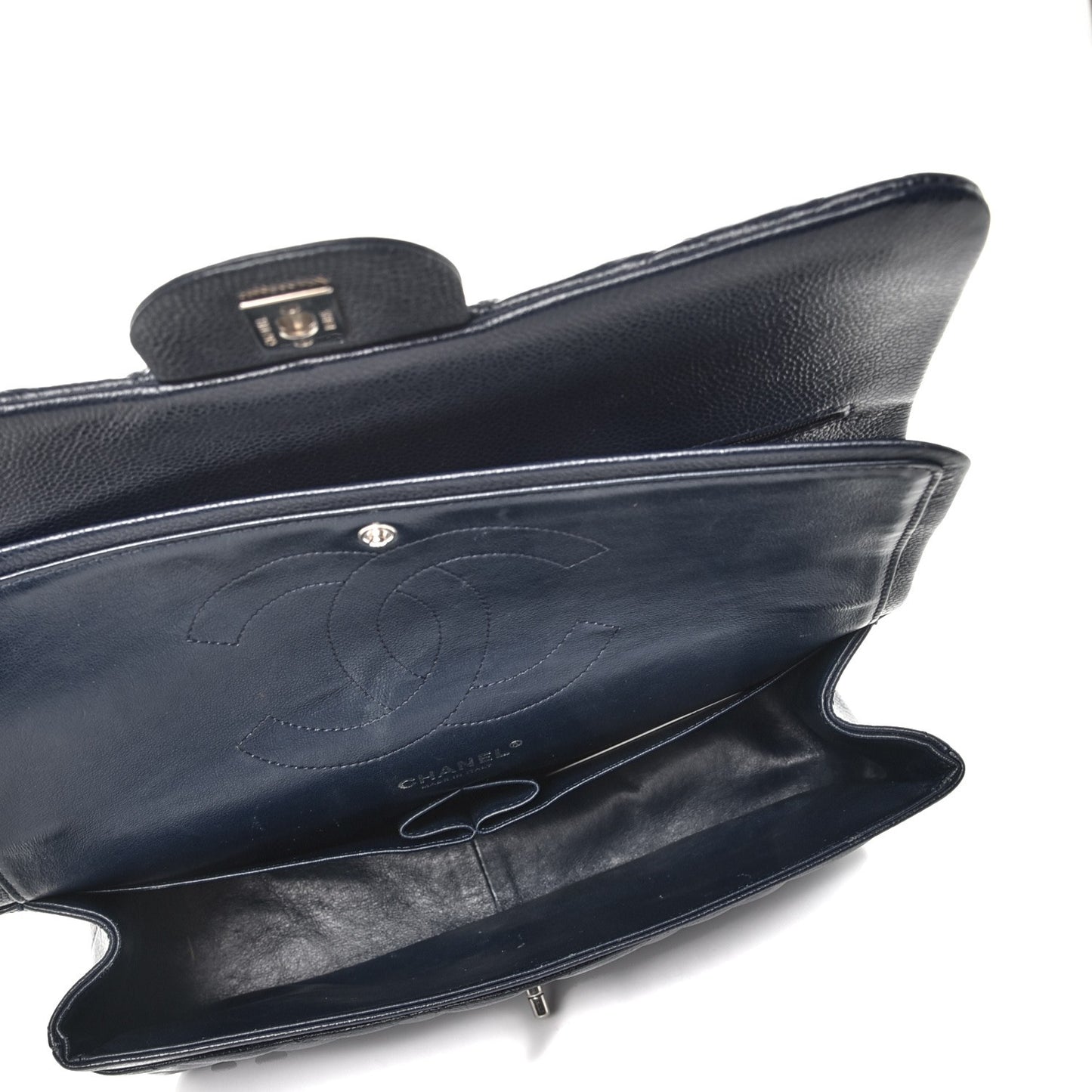 Caviar Quilted Jumbo Double Flap Navy Blue
