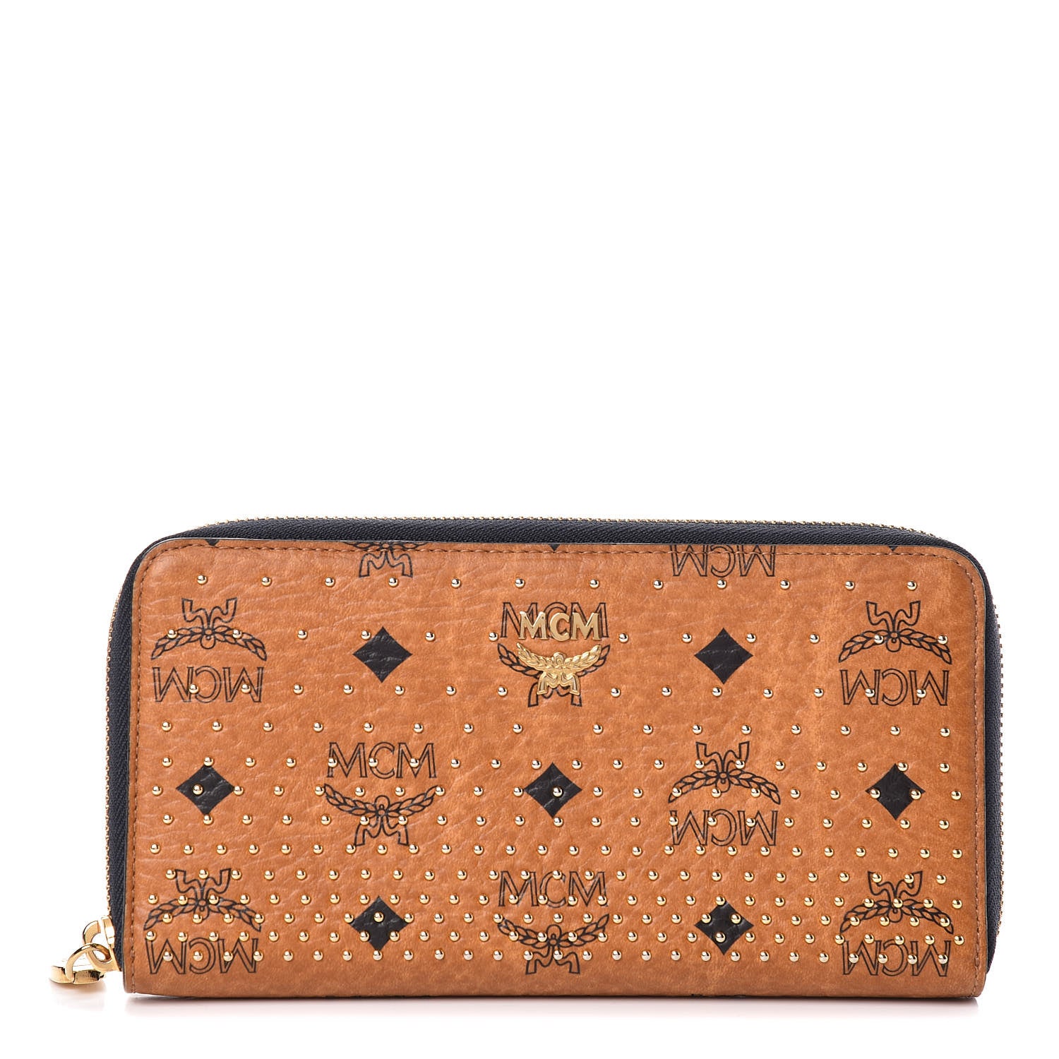MCM Visetos Studded Large Zip Around Wallet Cognac 1 of 6