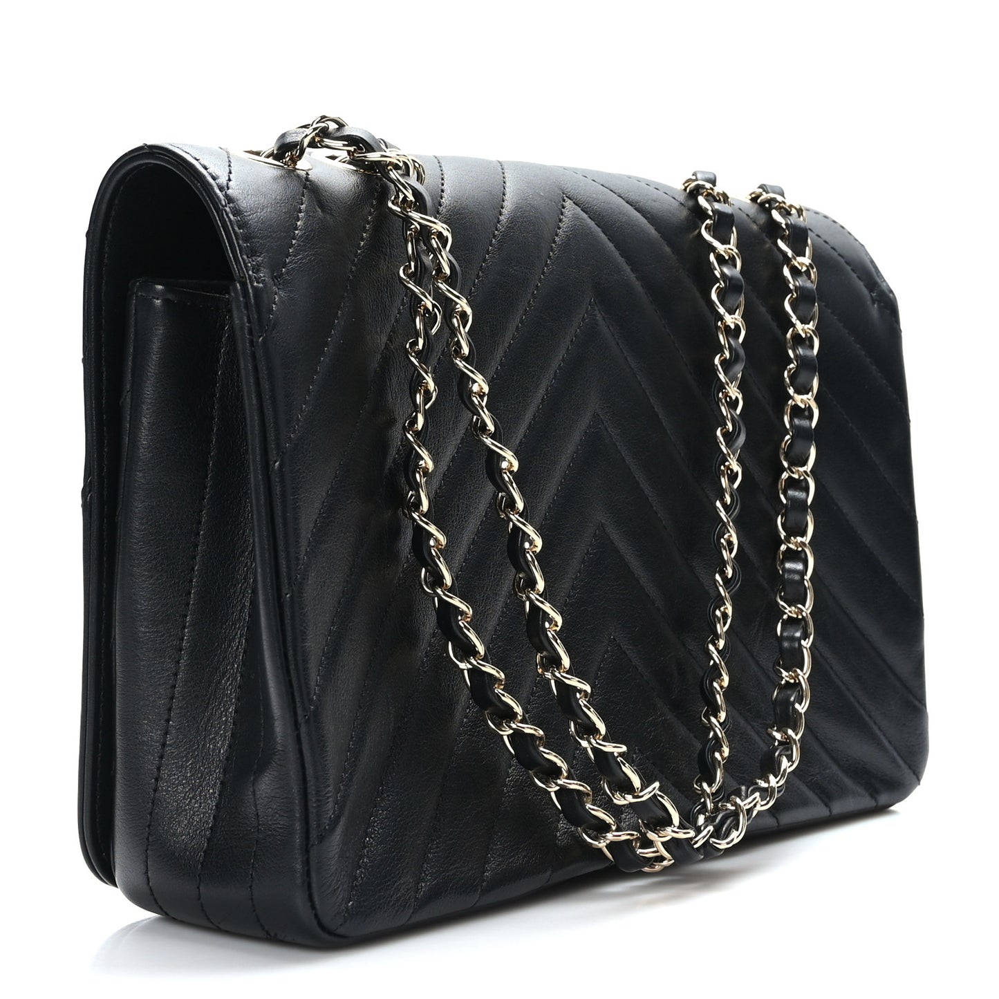 Calfskin Chevron Quilted Large Statement Flap Black