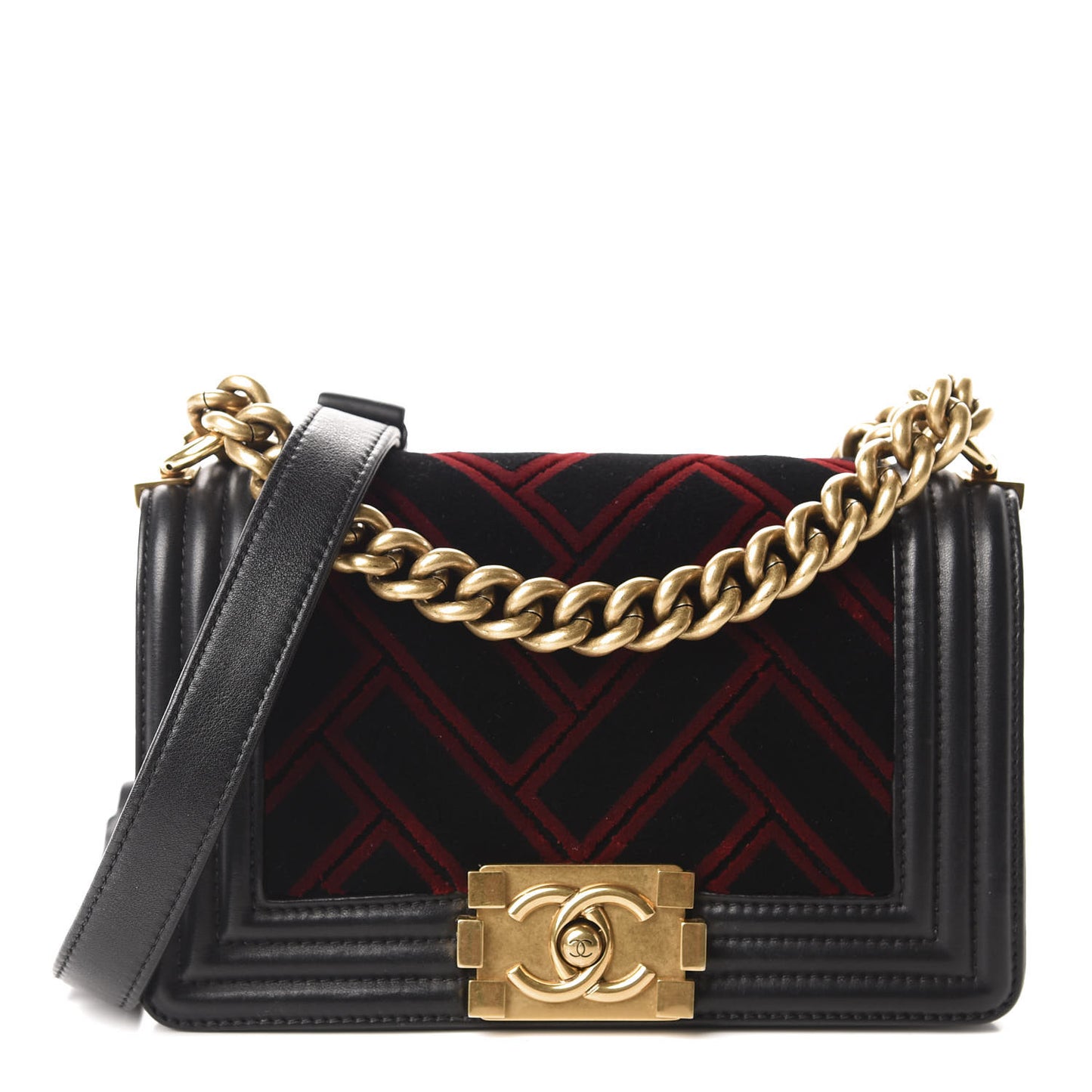 Calfskin Velvet Small Boy Flap Black Red