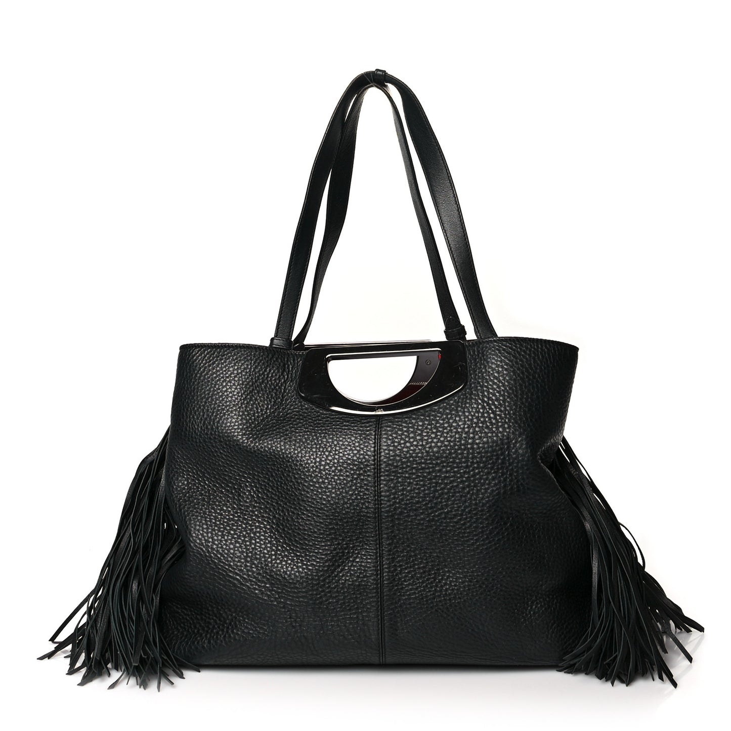 Grained Calfskin Passage Fringe Shopping Tote Black