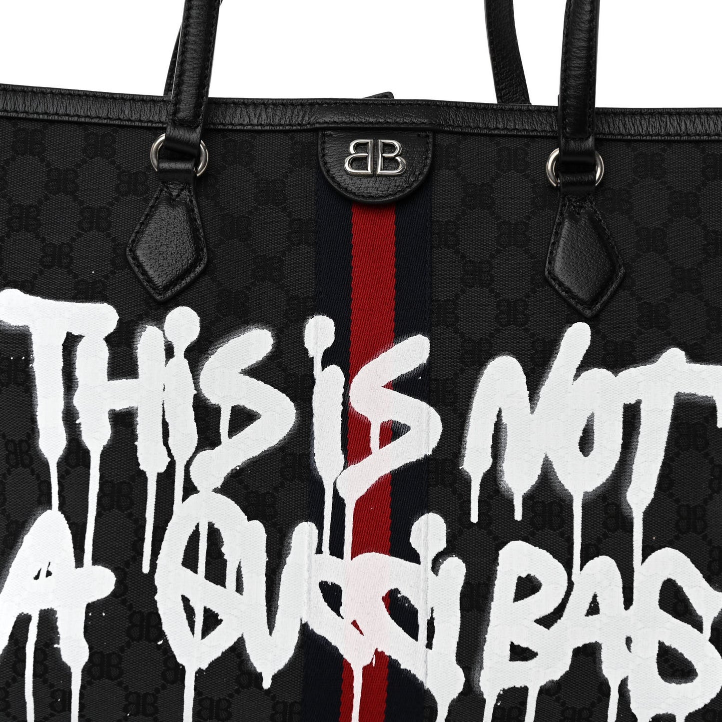 X BALENCIAGA BB Monogram Web Graffiti Medium Ophidia Shopping Tote Black