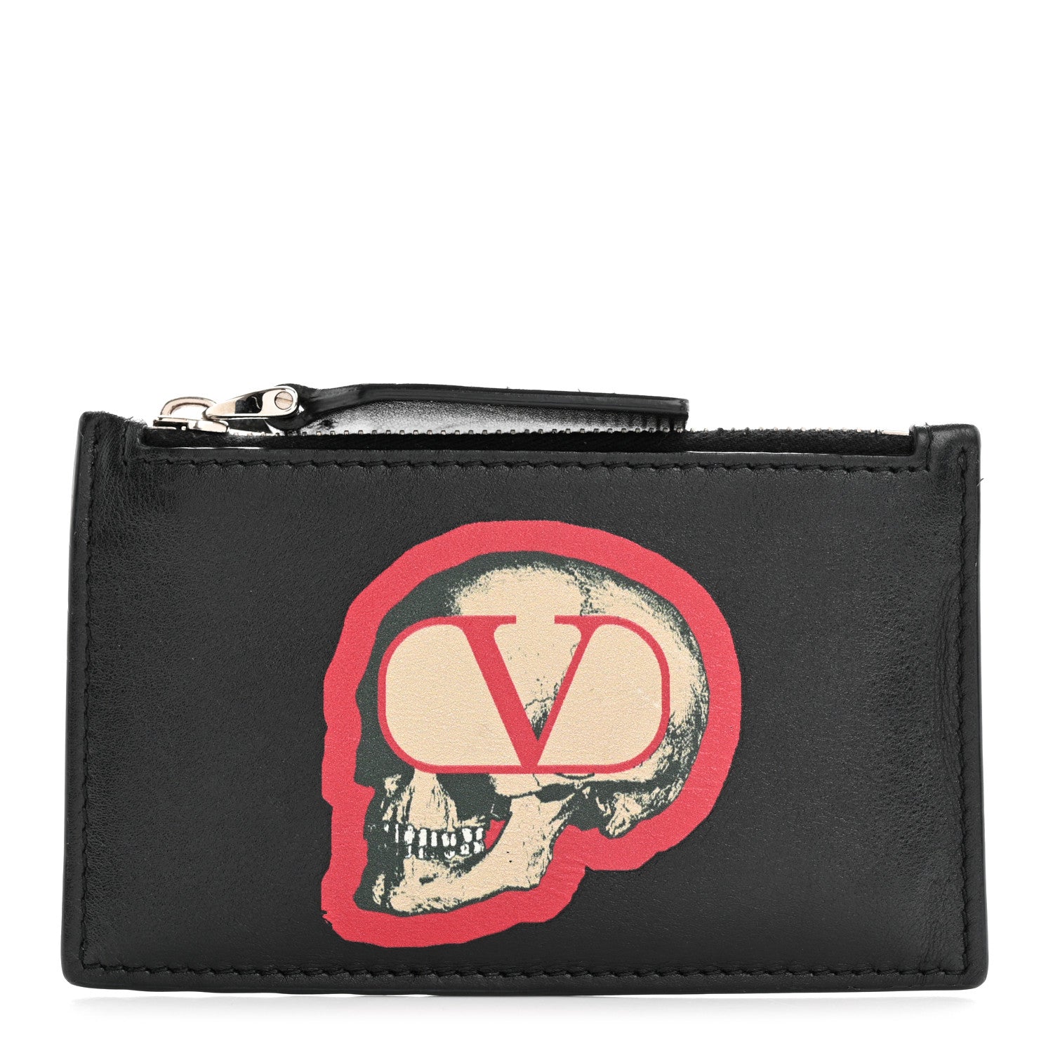Valentino Garavani Calfskin Skull Logo Coin Case Card Holder Black 1 of 11