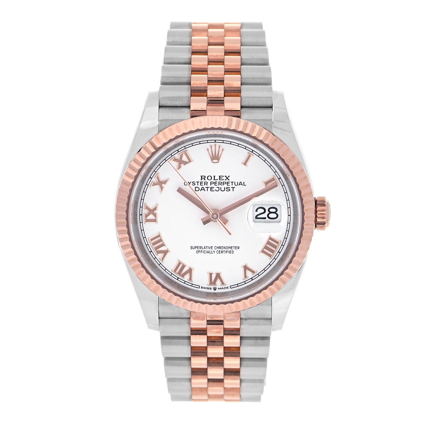 Stainless Steel 18K Everose Gold 36mm Oyster Perpetual Datejust Watch White Roman 126231