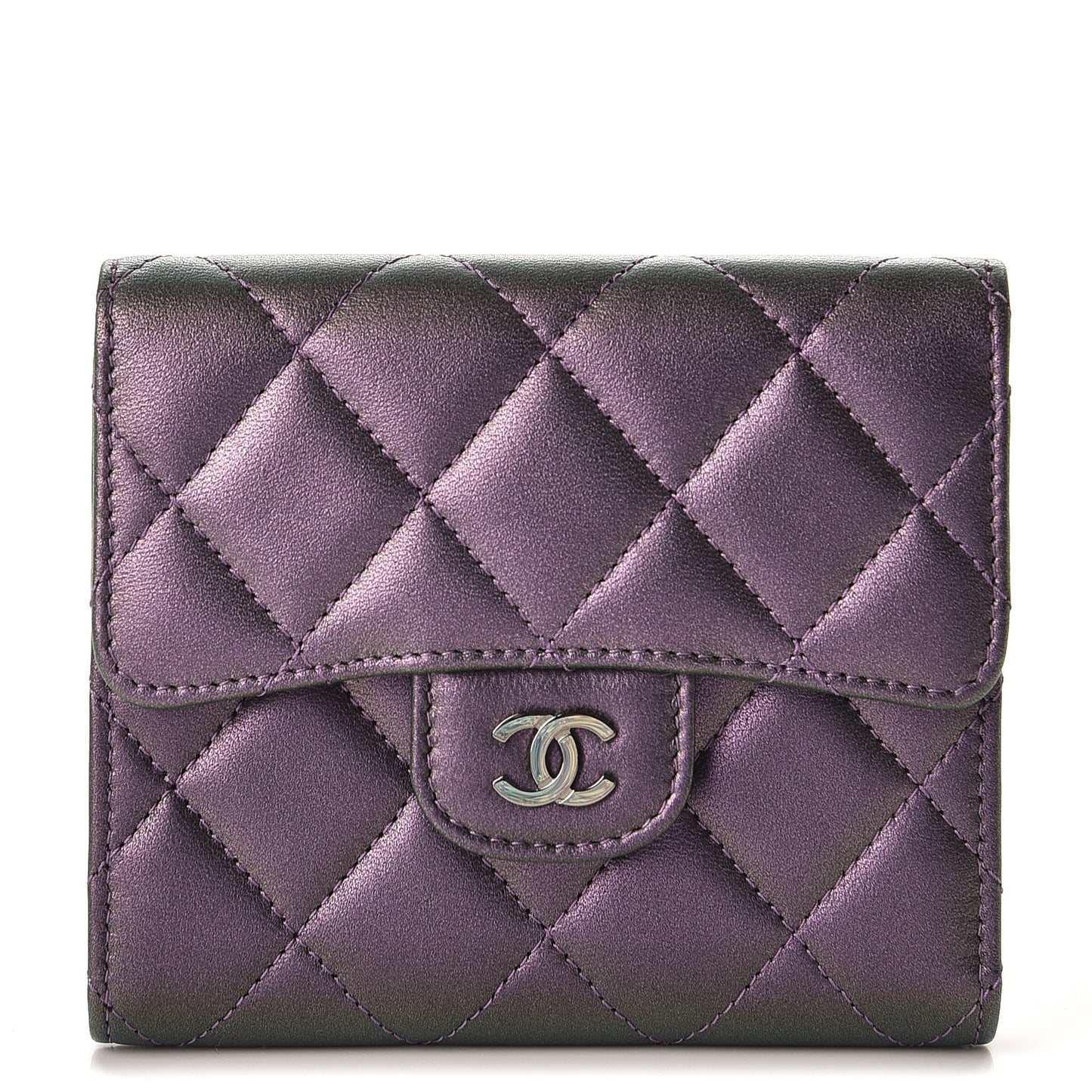 Metallic Lambskin Quilted Compact Flap Wallet Purple