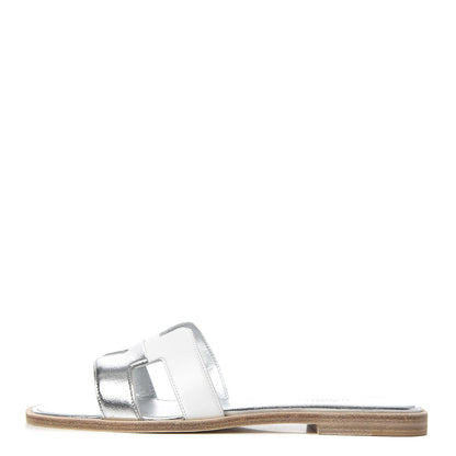 Hermes Metallic Nappa Box Oran Sandals 36.5 White Gris Argente 1 of 9