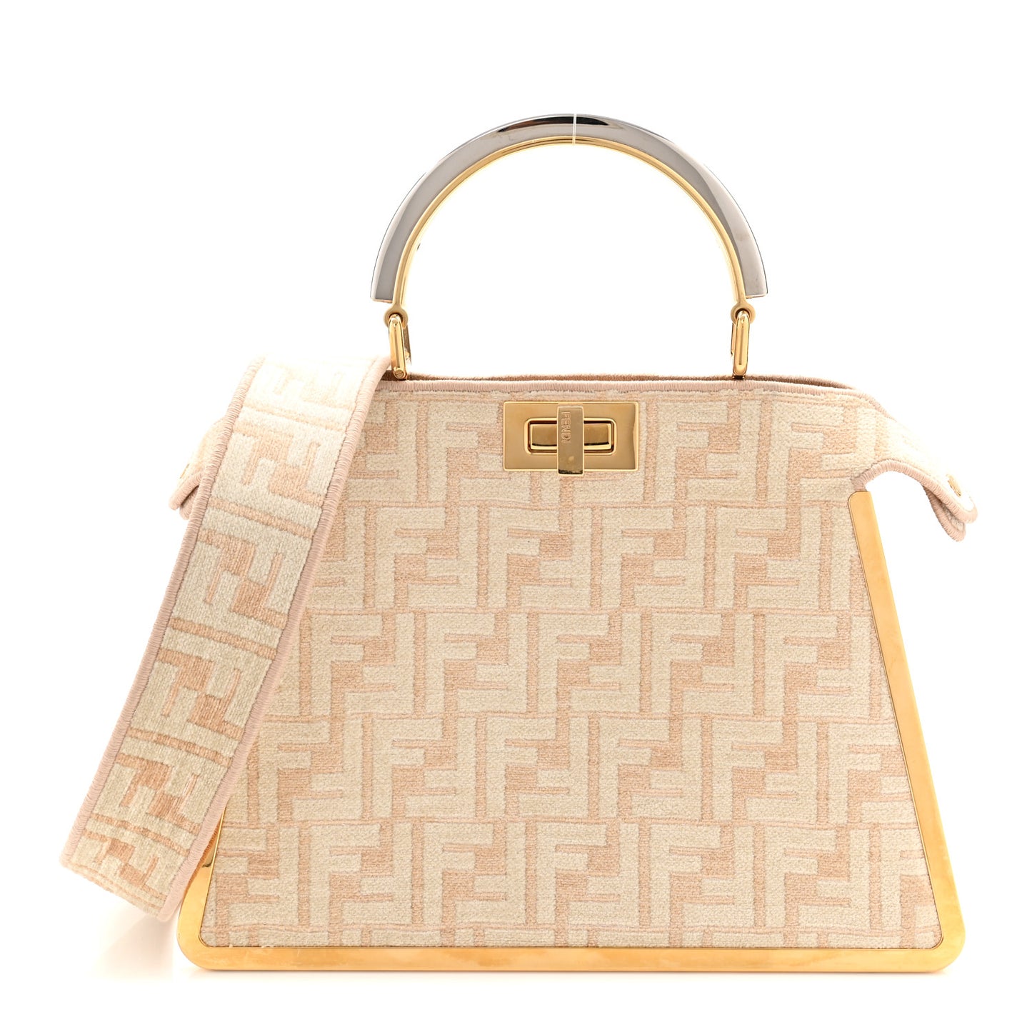 Chenille Suede Metal FF Small Peekaboo I SEE U Satchel Beige White