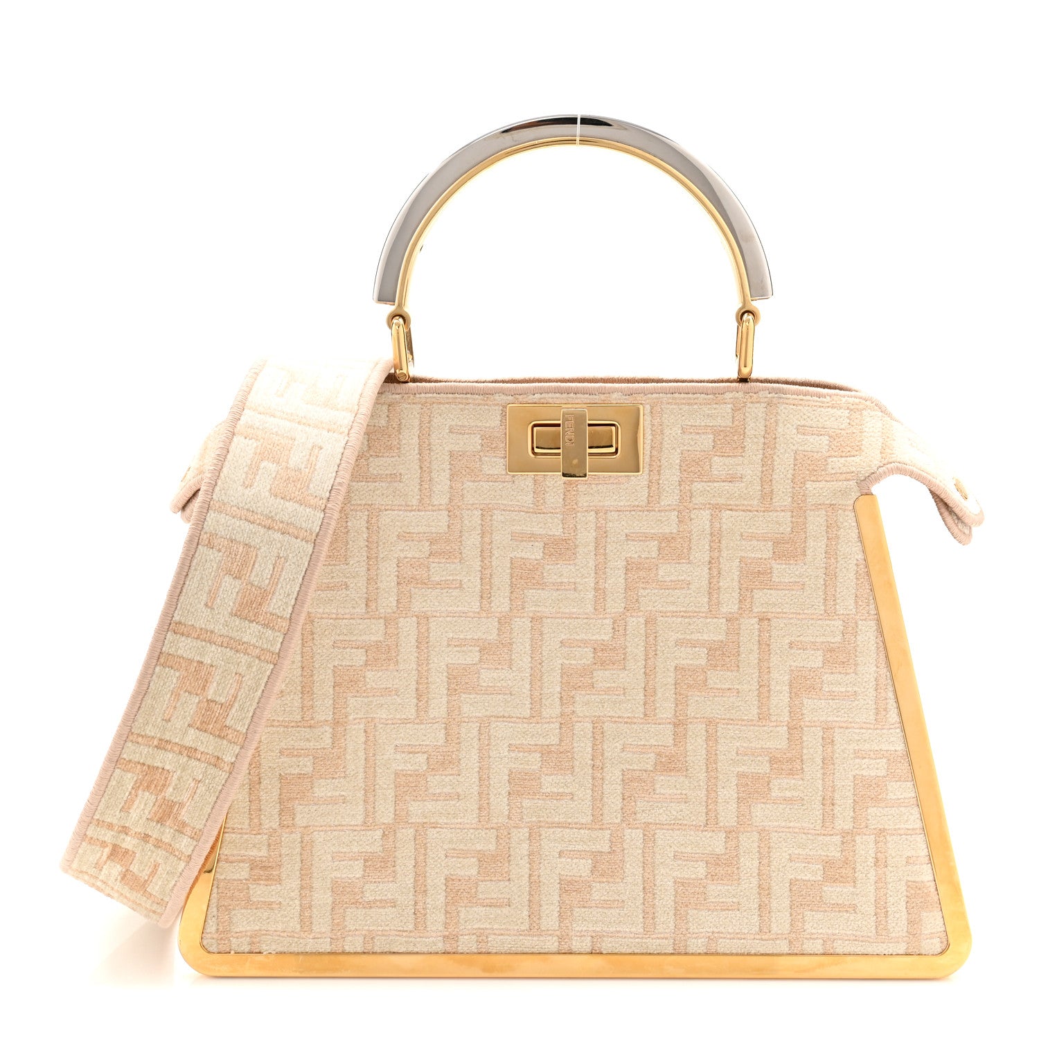 Fendi Chenille Suede Metal FF Small Peekaboo I SEE U Satchel Beige White 1 of 9