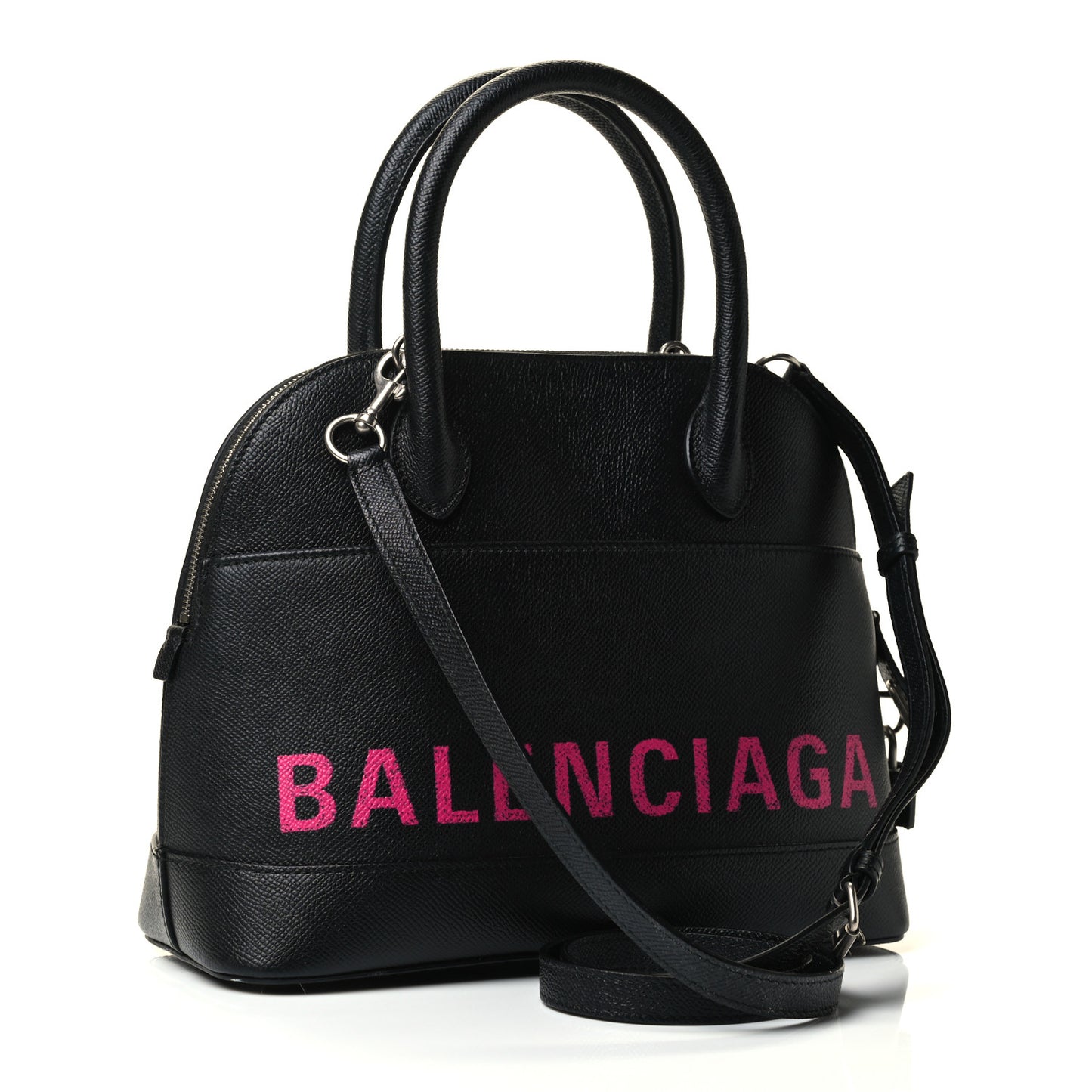 Signature Grained Calfskin Logo S Ville Top Handle Bag Black Rose Shocking