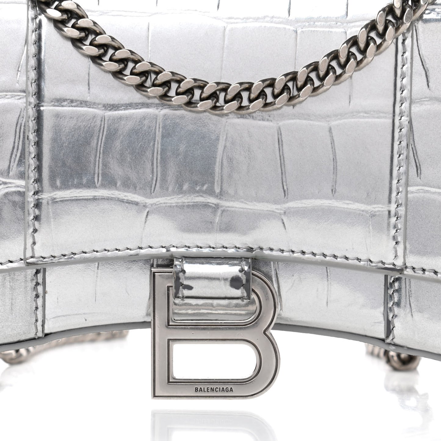Metallic Calfskin Crocodile Embossed Hourglass Chain Bag Silver