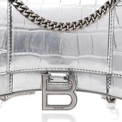 Balenciaga Metallic Calfskin Crocodile Embossed Hourglass Chain Bag Silver 5 of 7