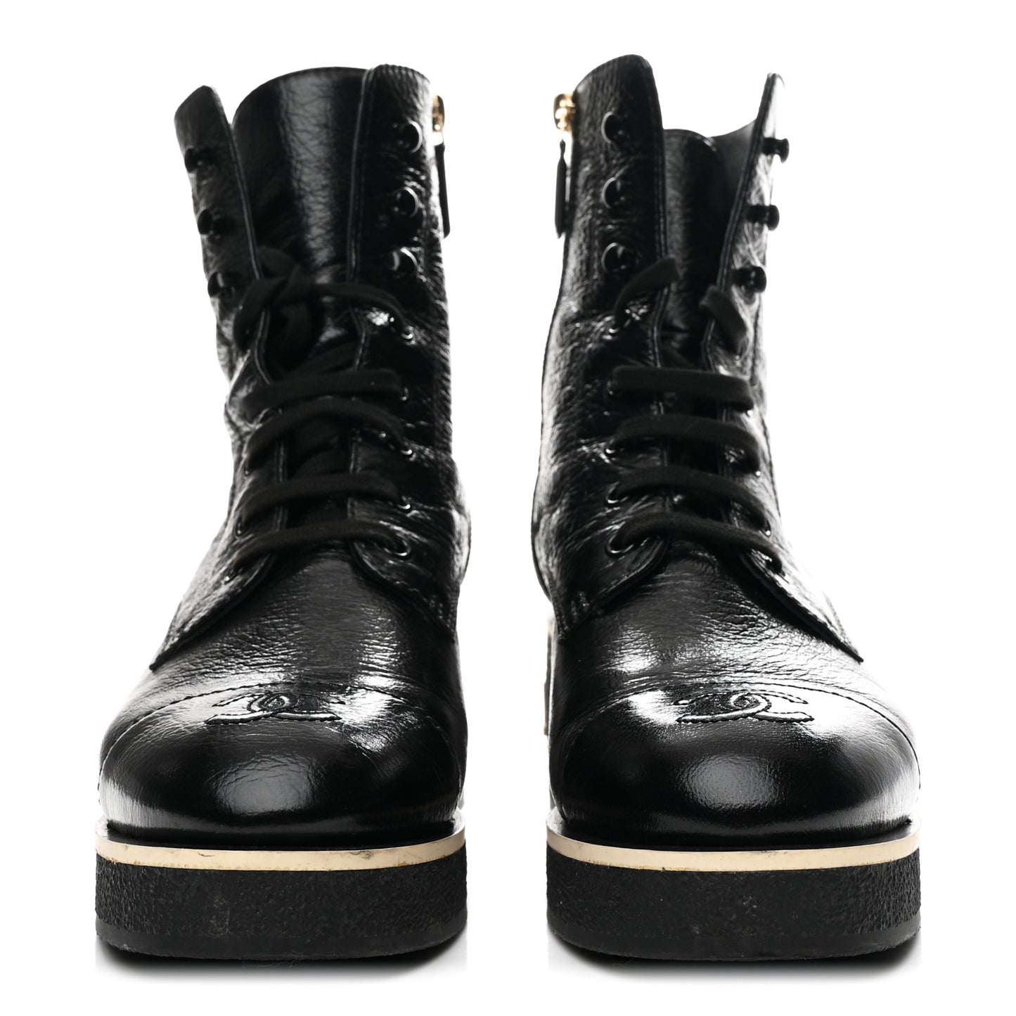 Shiny Crumpled Lambskin Lace Up Combat Boots 39 Black