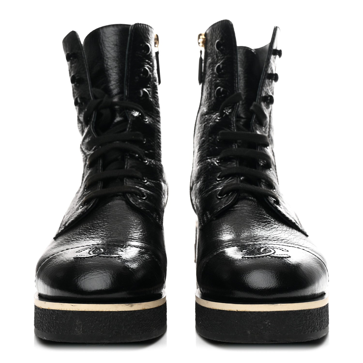 Chanel Shiny Crumpled Lambskin Lace Up Combat Boots 39 Black 3 of 9
