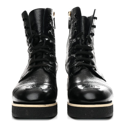 Chanel Shiny Crumpled Lambskin Lace Up Combat Boots 39 Black 3 of 9