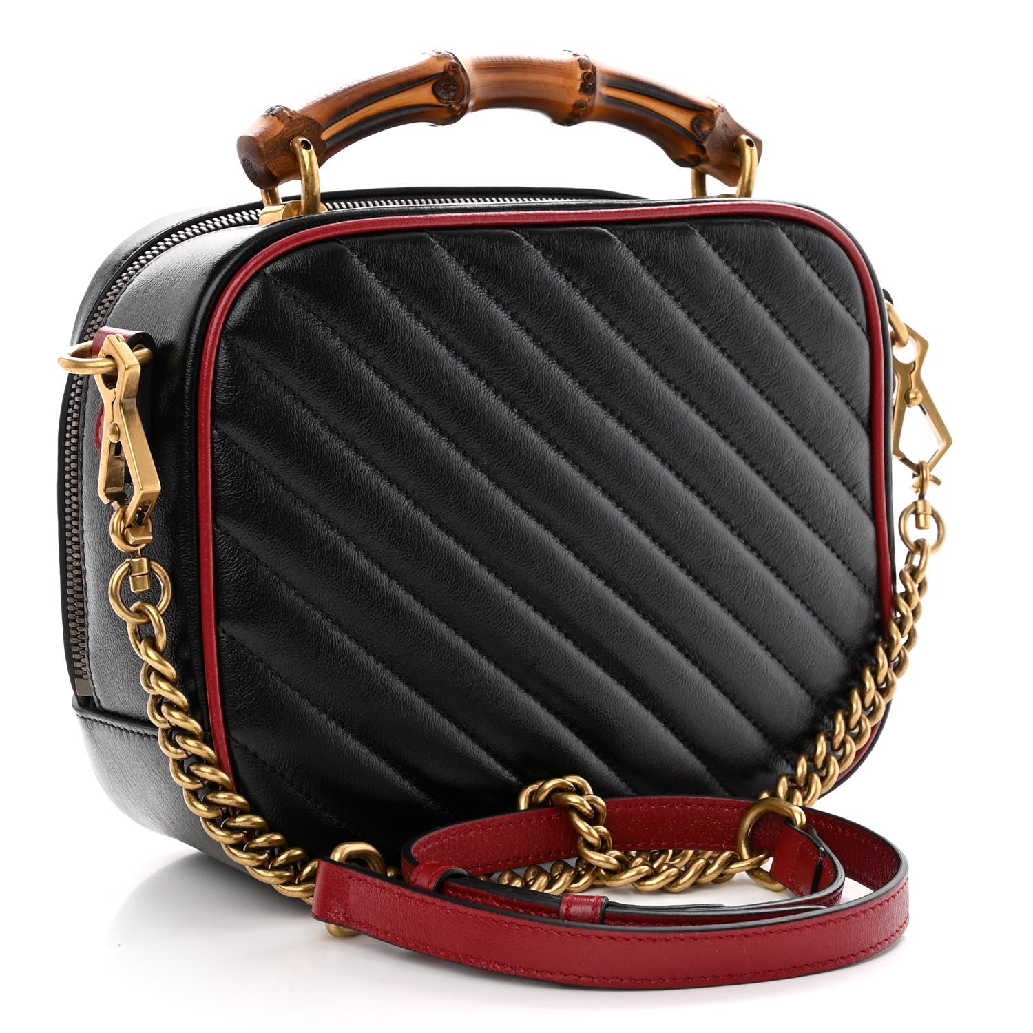 Gucci Vintage Effect Calfskin Matelasse Diagonal Small Torchon GG Marmont Bamboo Top Handle Shoulder Bag Black Romantic Cherry 3 of 11