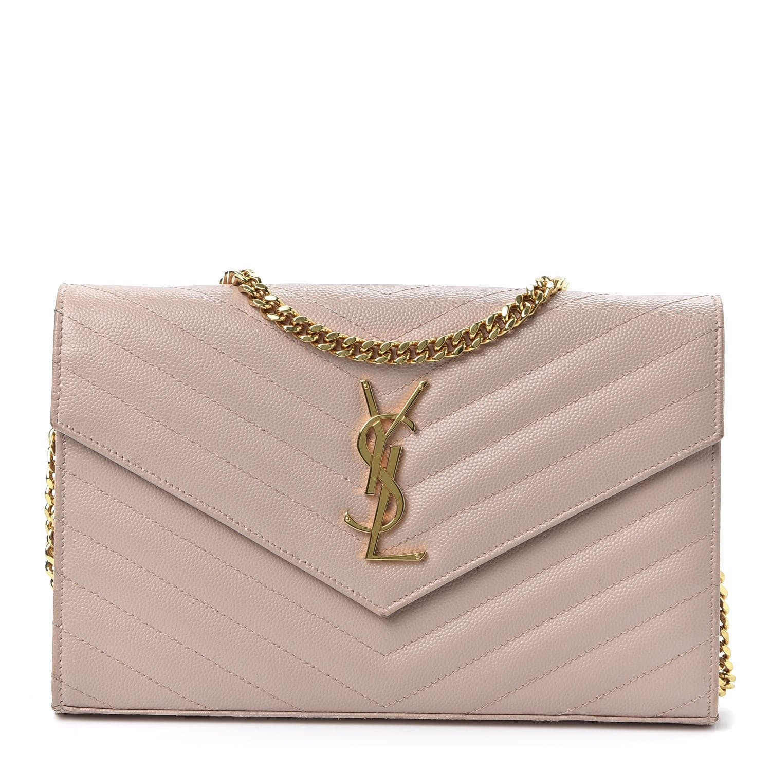 Saint Laurent Grain De Poudre Matelasse Chevron Monogram Chain Wallet Pale Blush 1 of 10