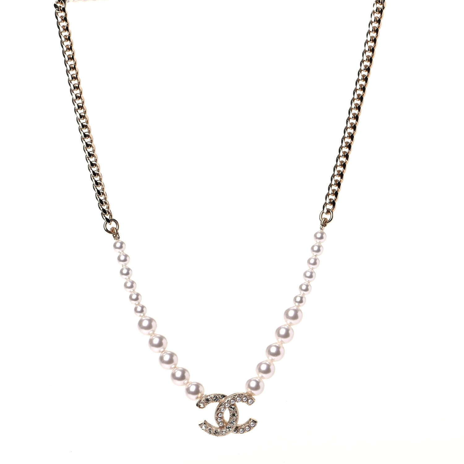 Chanel Pearl Crystal Chain CC Necklace Gold 1 of 4
