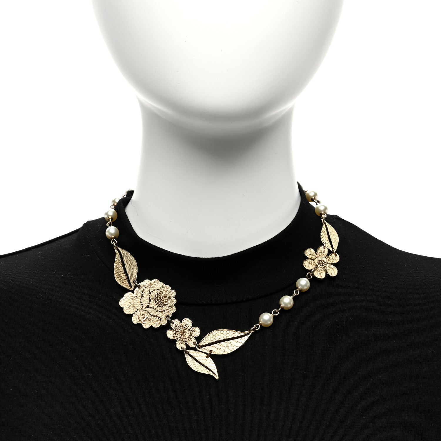 Chanel Pearl Crystal CC Camellia Short Necklace Gold 2 of 5