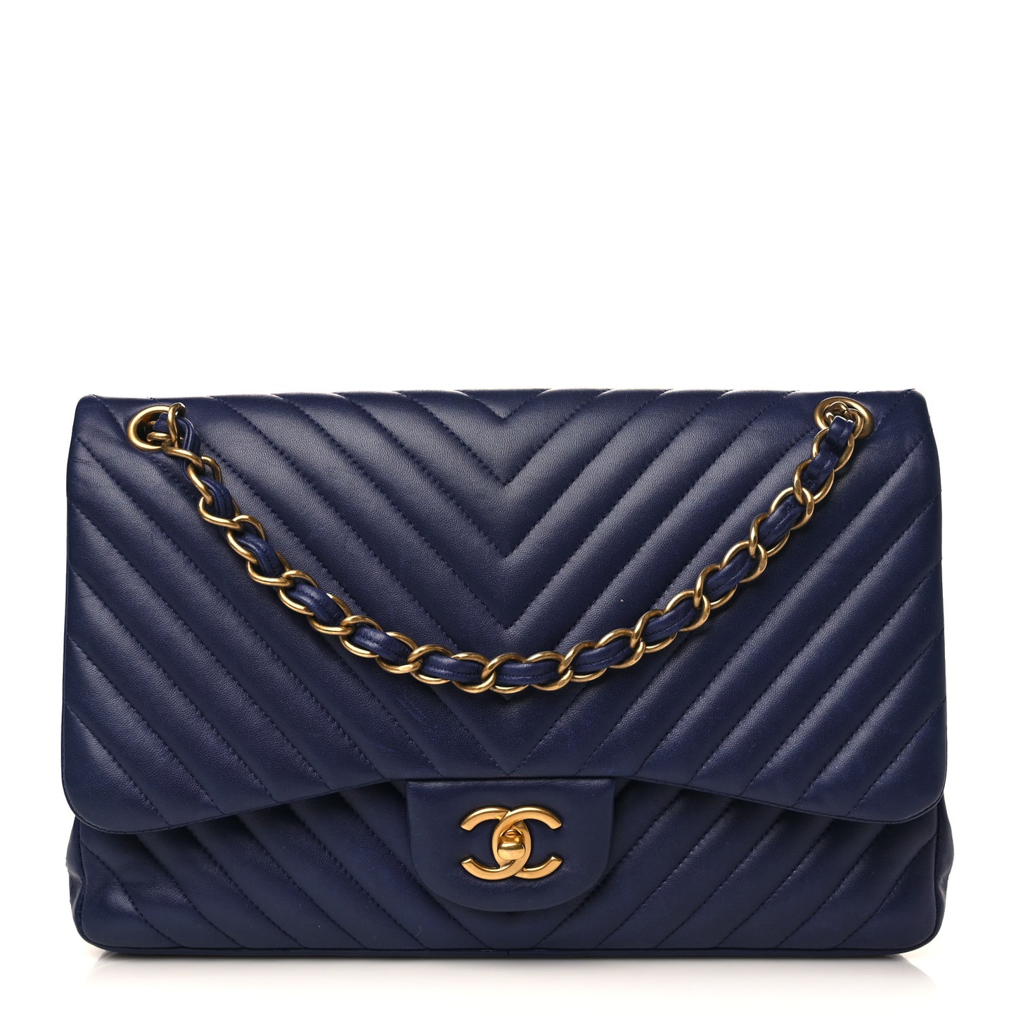 Lambskin Chevron Quilted Jumbo Double Flap Navy Blue
