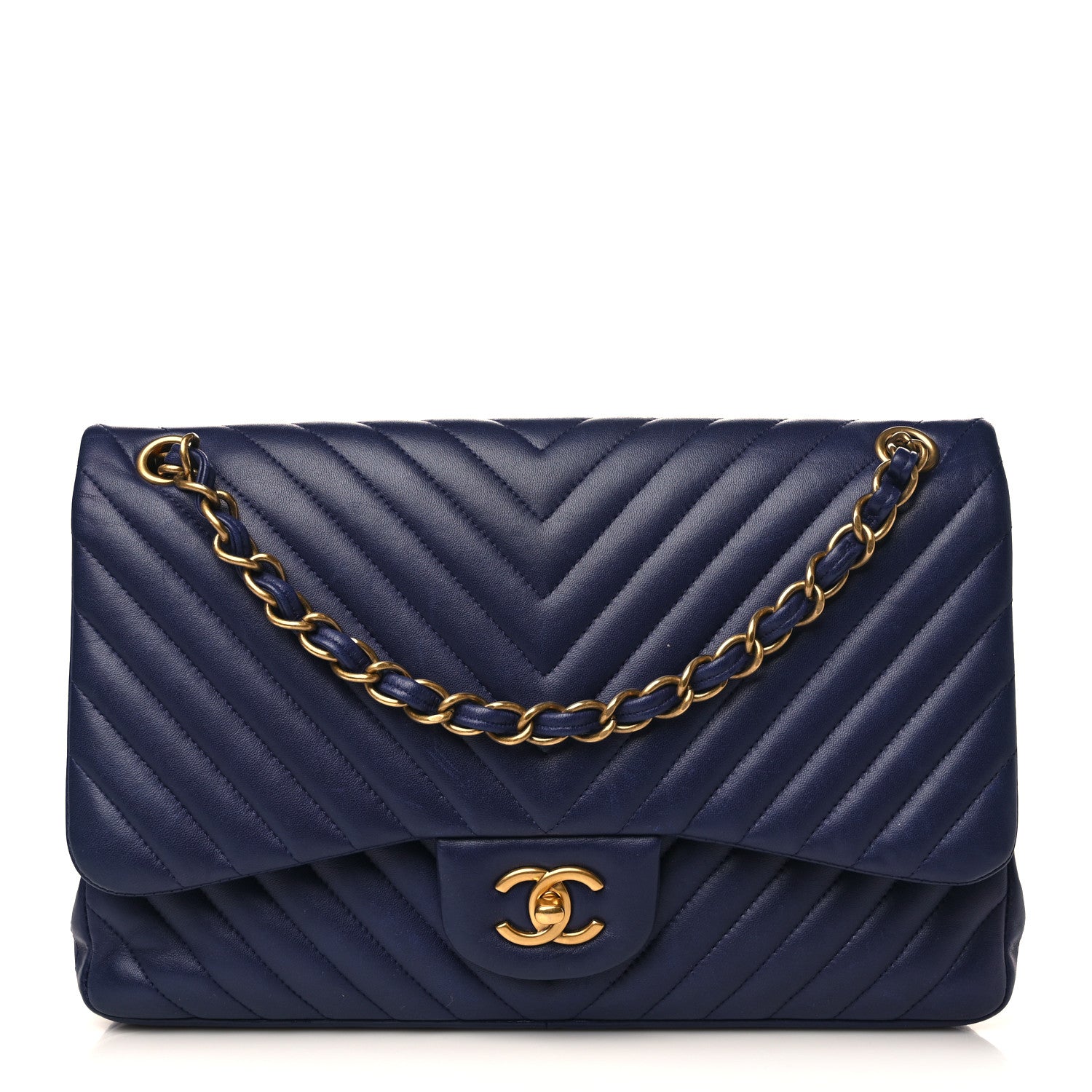 Chanel Lambskin Chevron Quilted Jumbo Double Flap Navy Blue 1 of 8