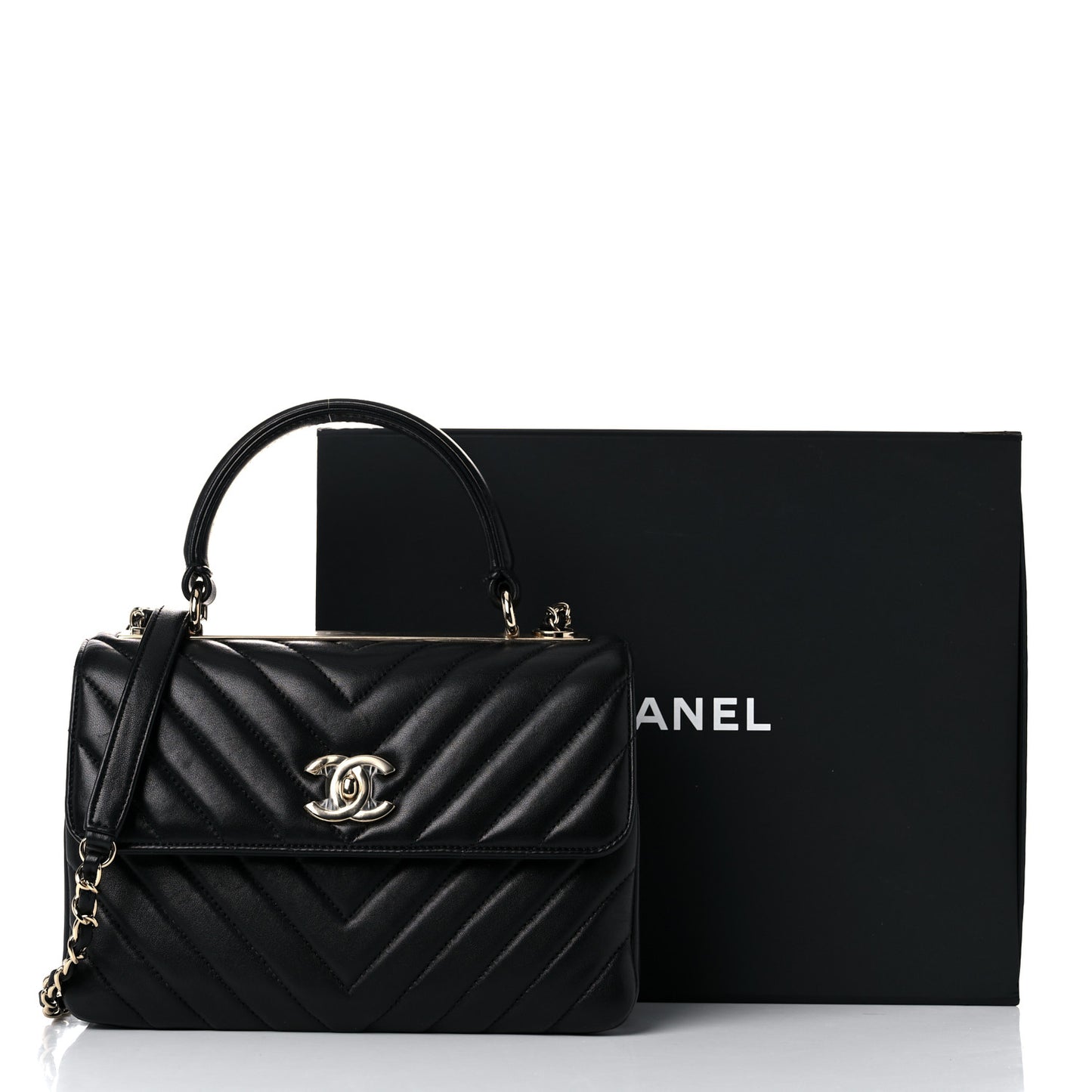 Lambskin Chevron Quilted Small Trendy CC Dual Handle Flap Bag Black