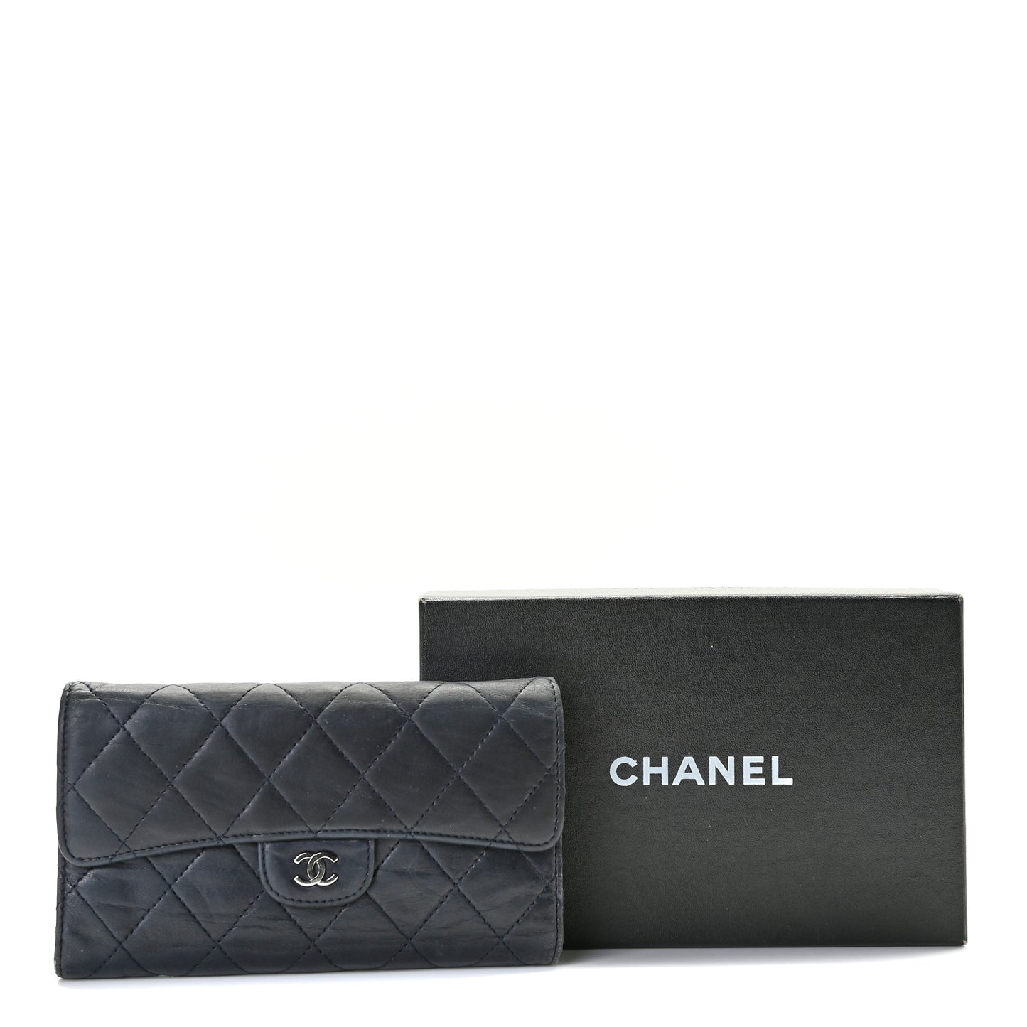 Lambskin Quilted Large Gusset Flap Wallet Navy